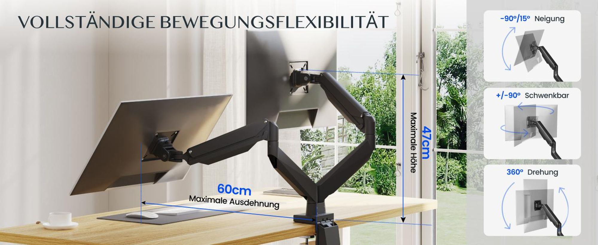 FLEXISPOT MA5 Dual Monitorhalterung 17–32 Zoll für 2 Monitore, 3–9 kg pro Arm, 360° drehbar & -90° bis +15° neigbar, 3-Schritt-Montage