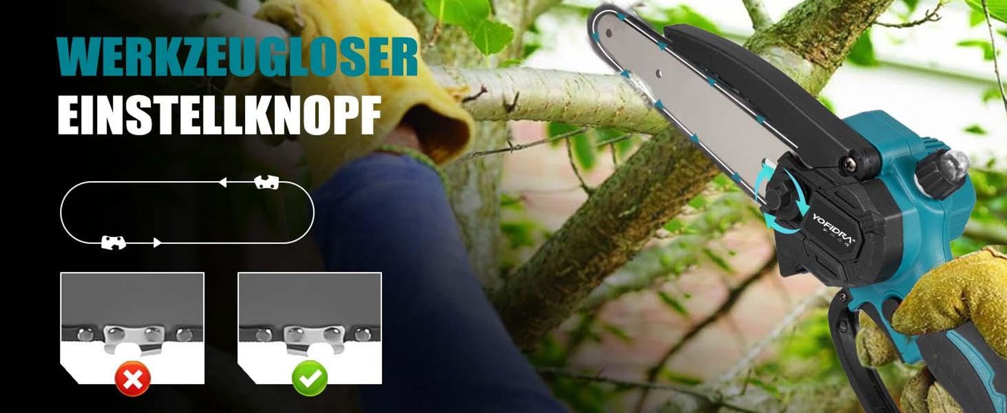 Akku-Hochentaster 3-in-1 Bürstenloser Elektro Teleskop Hochentaster Astsäge Gartenschere mit 2× Akku, 2m Stangenlänge, Kompakte Hochentaster zum Baum-