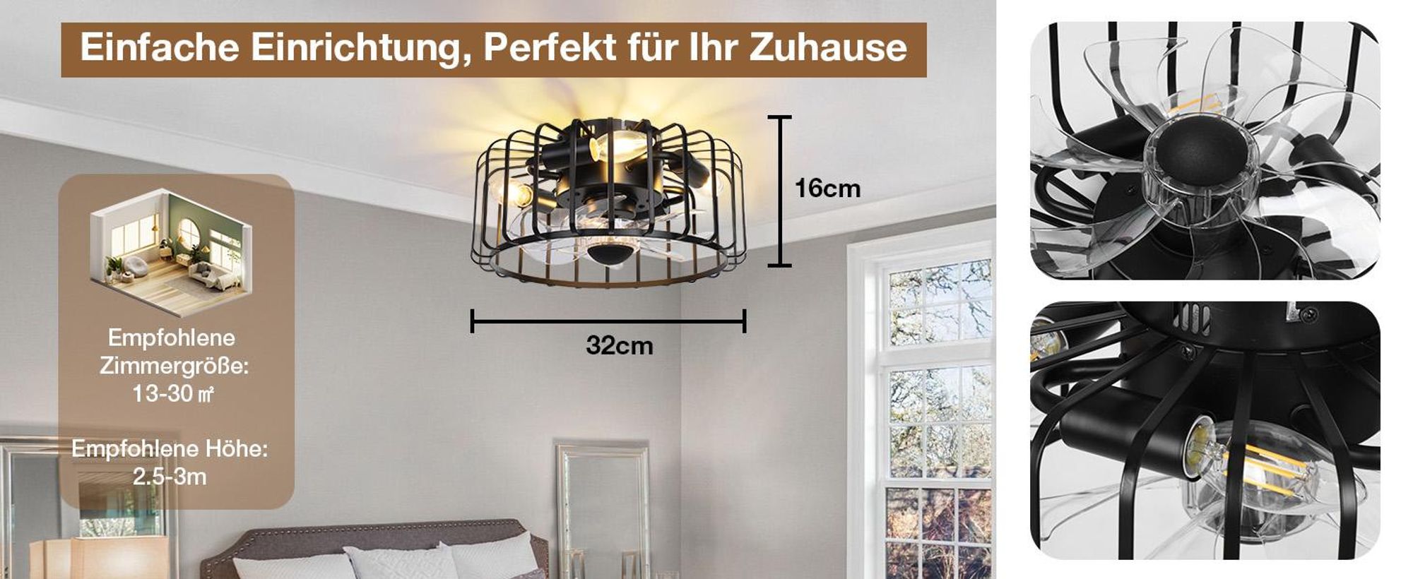 Deckenventilator mit Beleuchtung und Fernbedienung Metallkäfig DC Motor 4x E14 Glühbirnen 6 Stufige für Schlafzimmer, Wohnzimmer, Küche