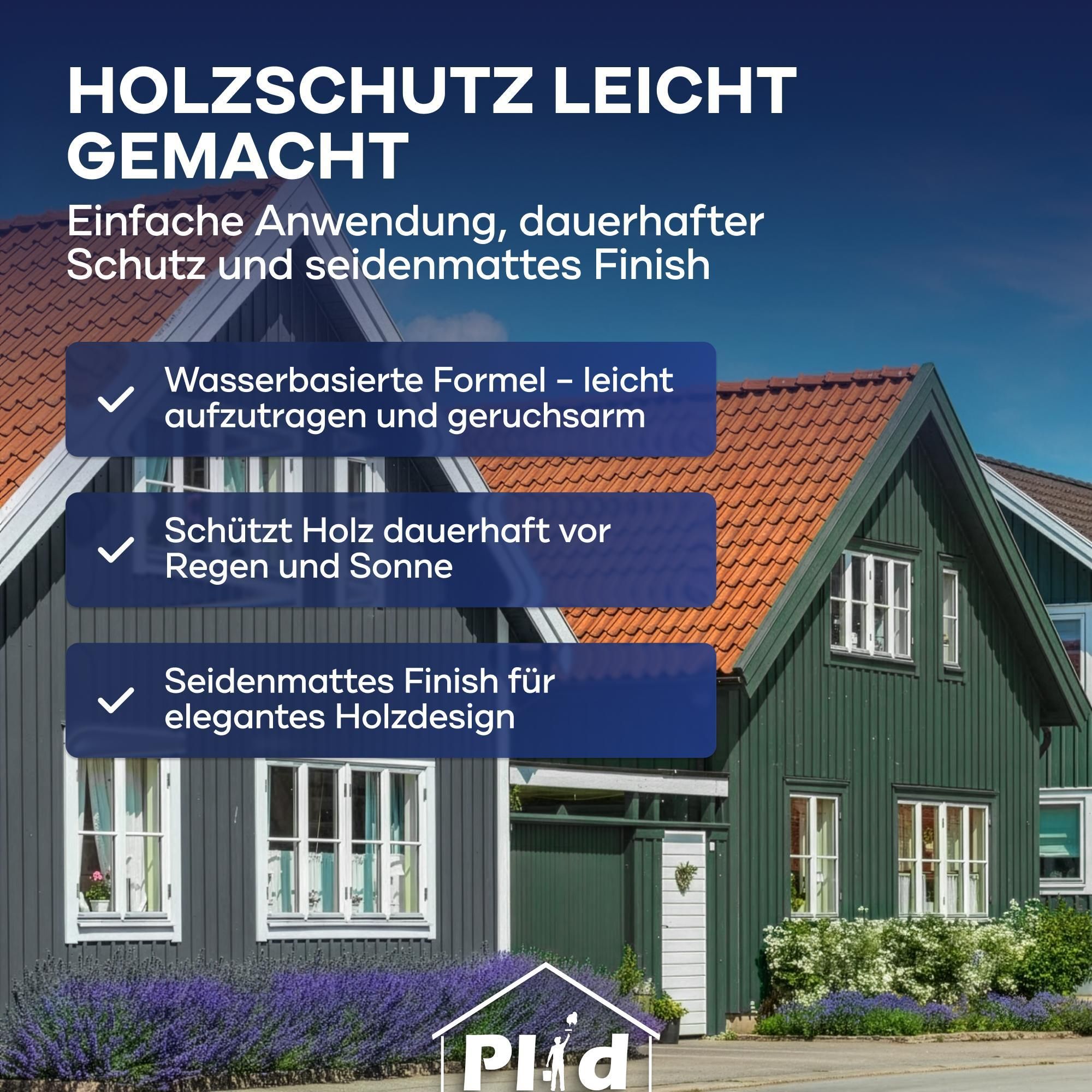 Plid Holzfarbe Moosgrün 2,5l + Pinselset 3-tlg. / Innen & Außen - Wetterschutzfarbe Holzfarbe Außen - Dauerhafte Holzschutzfarbe - Holzlack