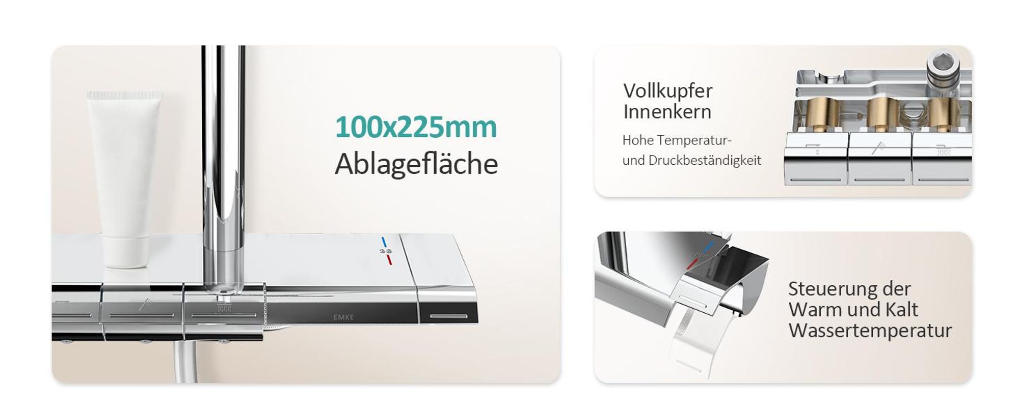 EMKE Duschsystem mit Thermostat, 36x24mm Regenduschkopf, Handbrause mit 3 Strahlstärken Regendusche, Bad- & Duscharmaturen, KTW, Chrom