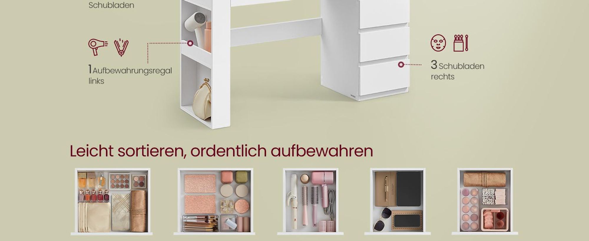 VASAGLE Schminktisch mit LED-Beleuchtung, Frisiertisch mit Spiegel, Schmuckschrank, Steckdosenleiste, 40 x 125 x 140 cm, Kosmetiktisch mit Schubladen