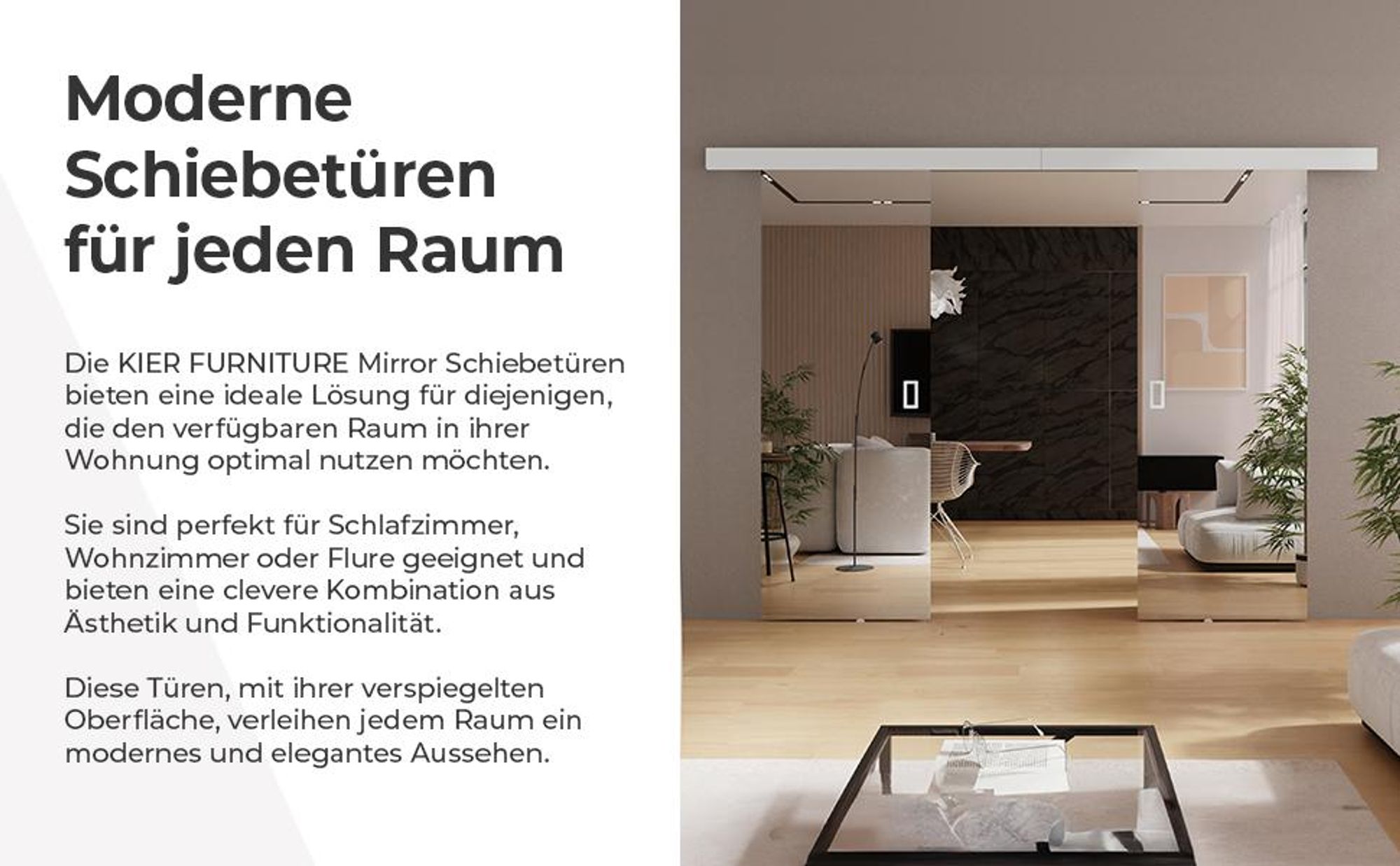 KIER FURNITURE Spiegel-Schiebetüren Komplettset MIRROR DUO Sliding Door, Raumteiler Schiebetür 132x205x1,6 cm