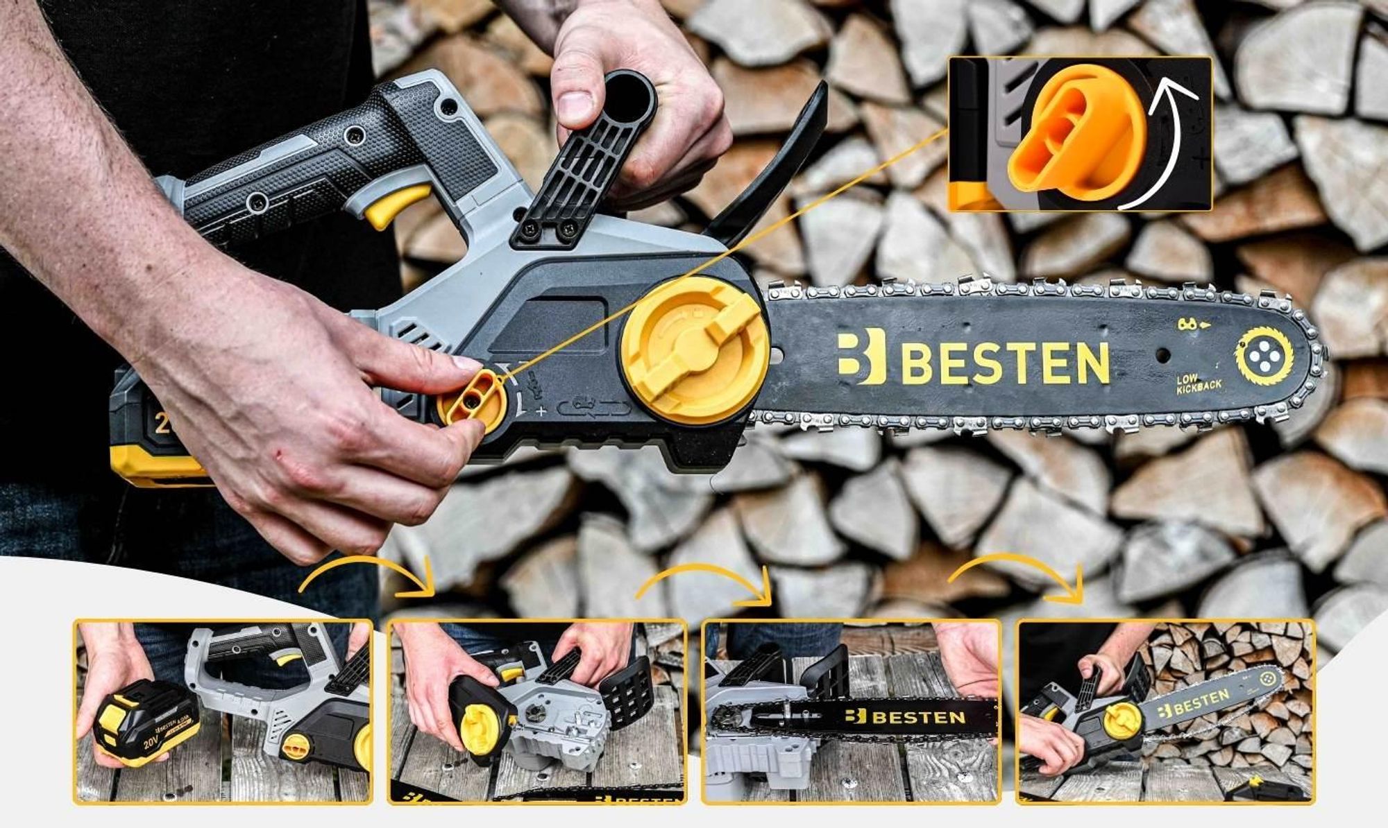 Piła Łańcuchowa Akumulatorowa Gałęziówka Pilarka 30Cm Bezszczotkowa 2X4,0Ah BESTEN