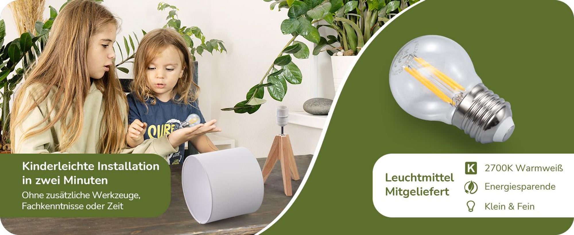 EDISHINE 2er Set Nachttischlampe Holz, LED-Tischlampe inkl. Leuchtmittel, Vintage Tischleuchte für Schlafzimmer, Wohnzimmer, Geschenk