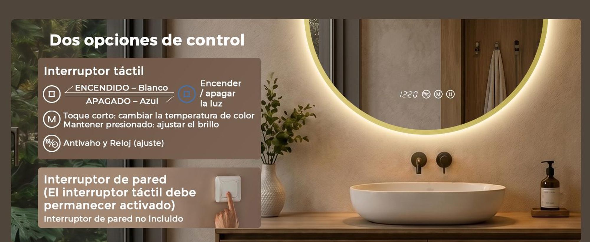 S'AFIELINA Espejo Baño LED Redondo 70 cm con Luz, Marco Dorado,Aleación de aluminio, 3 colores de luz, regulable, antivaho, reloj y temperatura