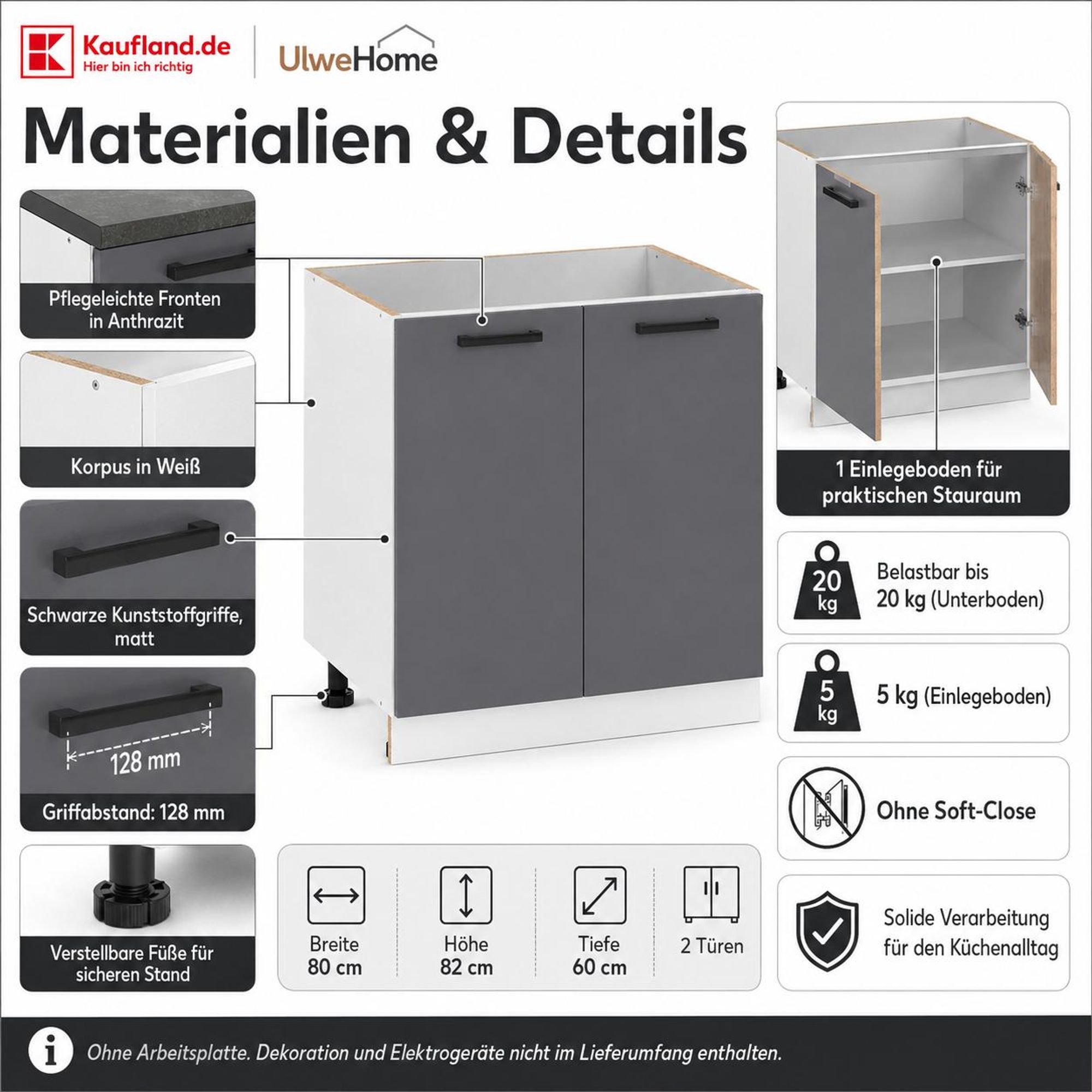 Küchenunterschrank Anthrazit: Materialien, 128 mm Griffabstand & verstellbare Füße.