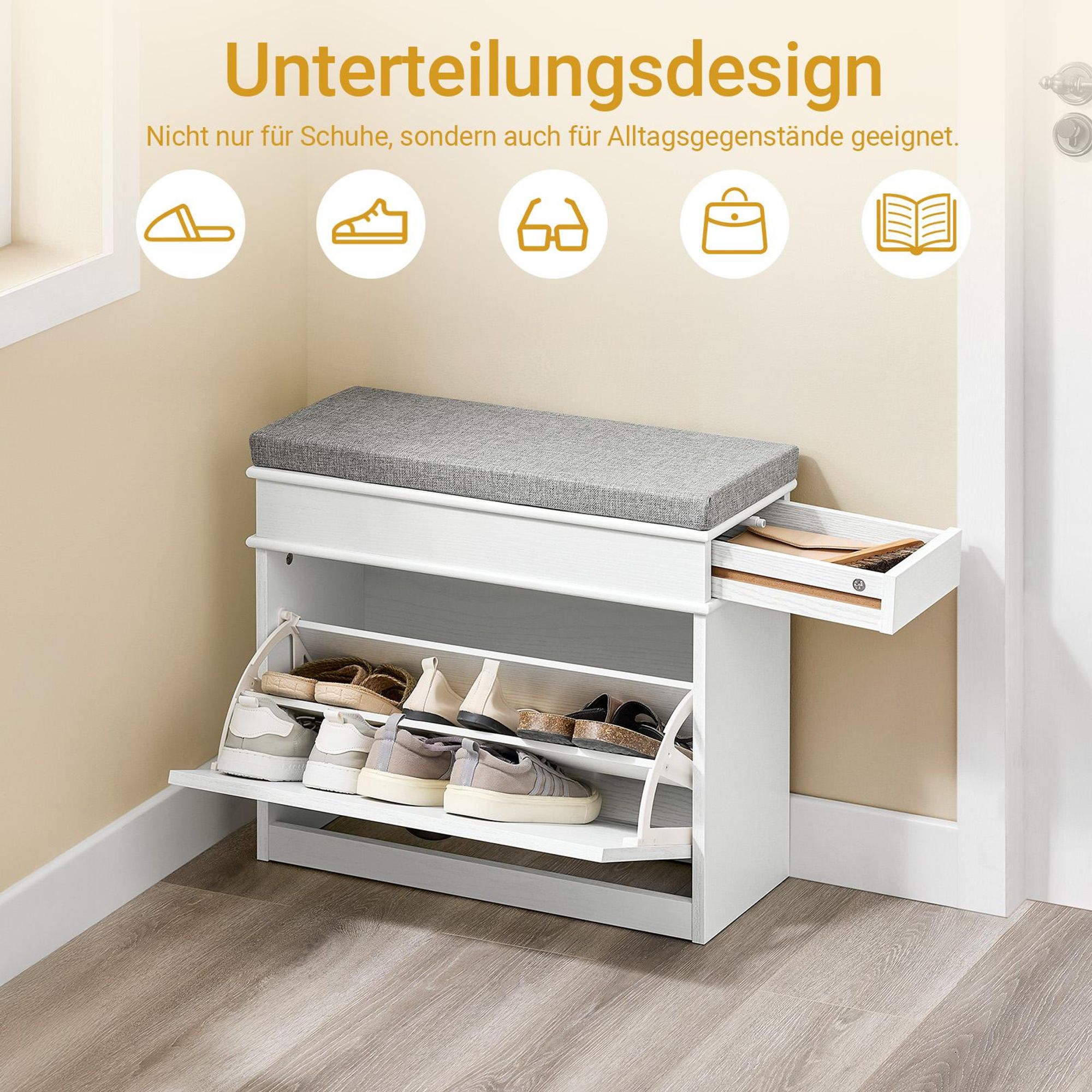 SoBuy Schuhbank mit Sitzkissen Stauraum Schuhschrank Schuhregal schmal platzsparende Sitzbank mit Stauraum für Flur Wohnzimmer Schlafzimmer FSR82-K-WG