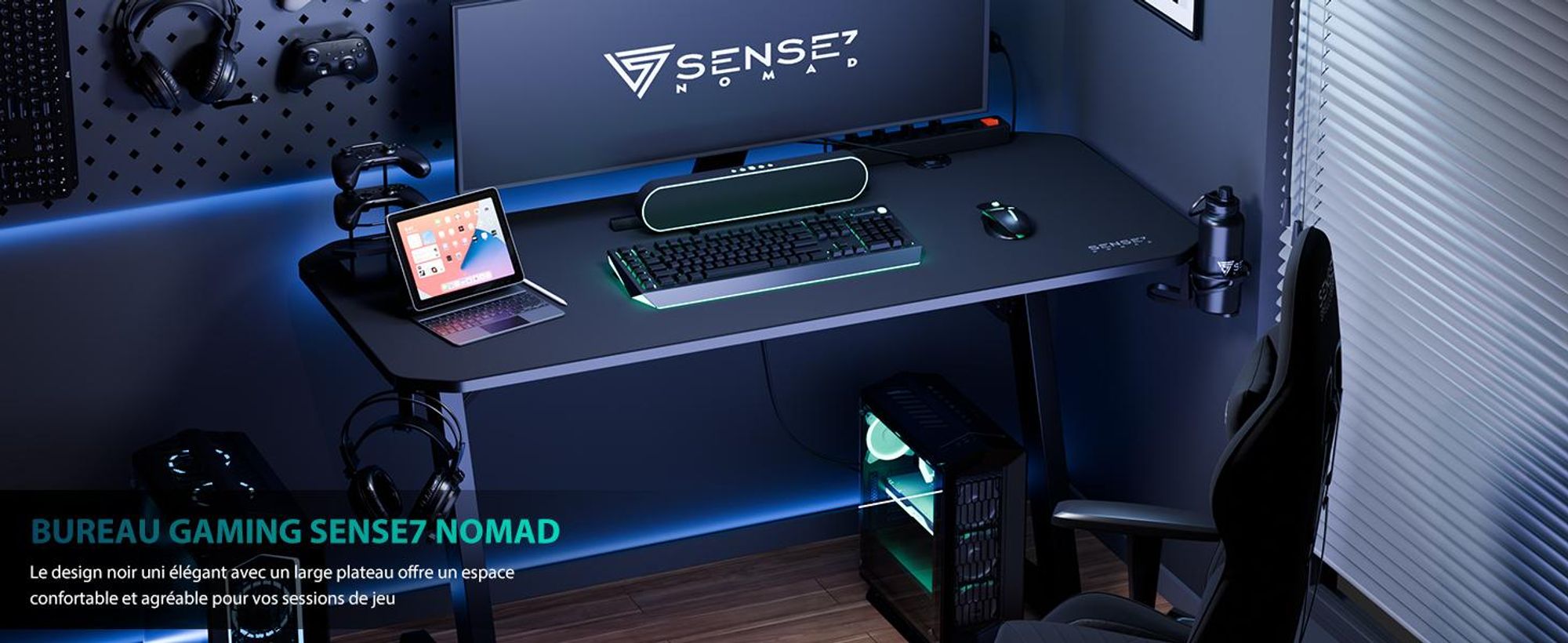 Table de jeu SENSE7 Nomad Classic - Bureau 120 x 60 cm avec tapis de souris XXL - Table d'ordinateur, bureau PC, bureau pour gamers, table pour gamers, gestion des câbles, noir