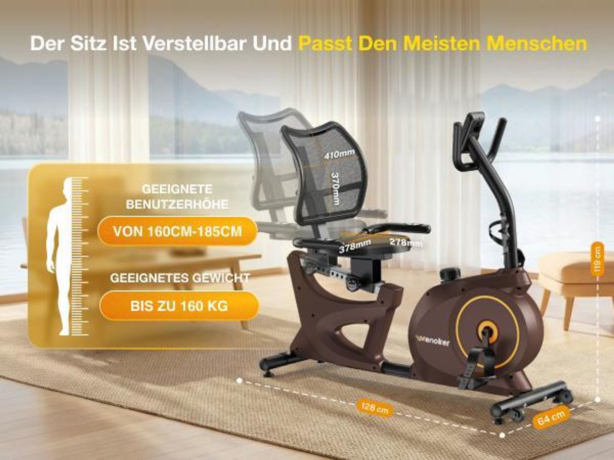 Wenoker Liegeergometer mit 15-stufig verstellbarem Magnetwiderstand, Pulsmessung und LCD-Display, App-kompatibel das leise Liegefahrrad für Senioren.