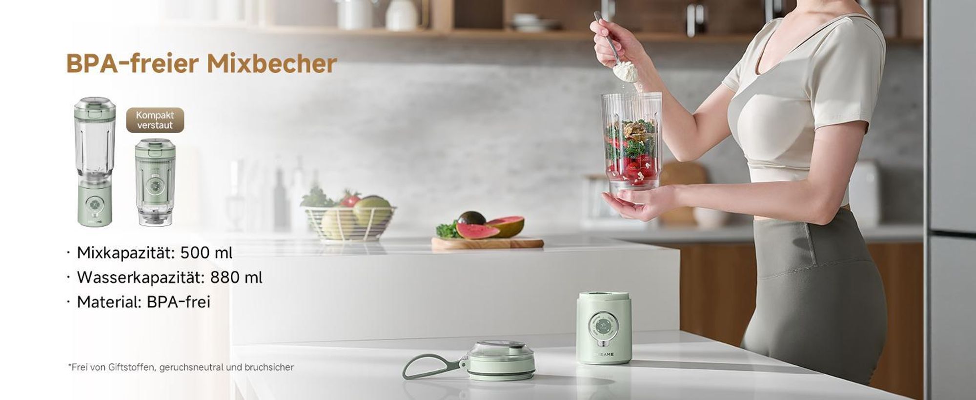 Dreame PB10 PortFresh Tragbarer Mixer,abnehmbares Motorgehäuse,Schnellladefunktion,880ml BPA-freier Mixbecher,500ml,5 Funktionen,Selbstreinigung,Grün