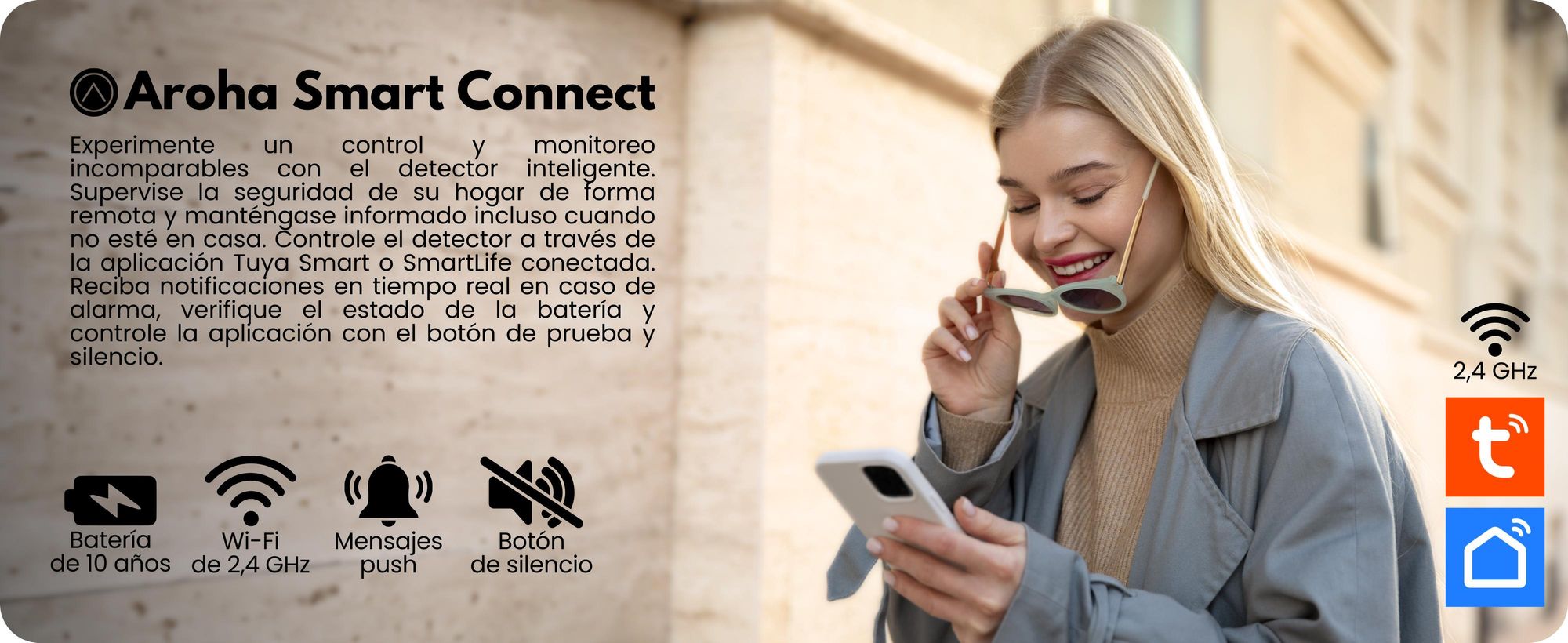 Detector de monóxido de carbono Aroha Smart Connect, conexión Wi-Fi, batería de 10 años. Detector de CO inteligente con aplicación Tuya y Smartlife, ideal para vehículos recreativos. Juego de 1 unidad