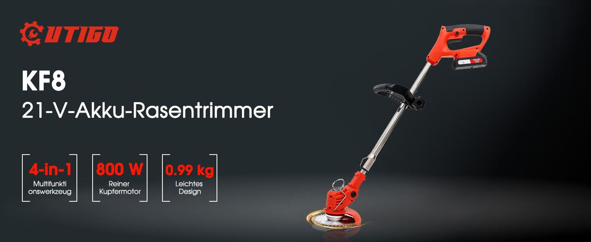 Akku Rasentrimmer, Handgeführte Rasenmäher mit3000mAh Akkus und 4 Messern, Handgeführter Akku-Rasenmäher 21V 2*1.5Ah Akkus, verstellbar
