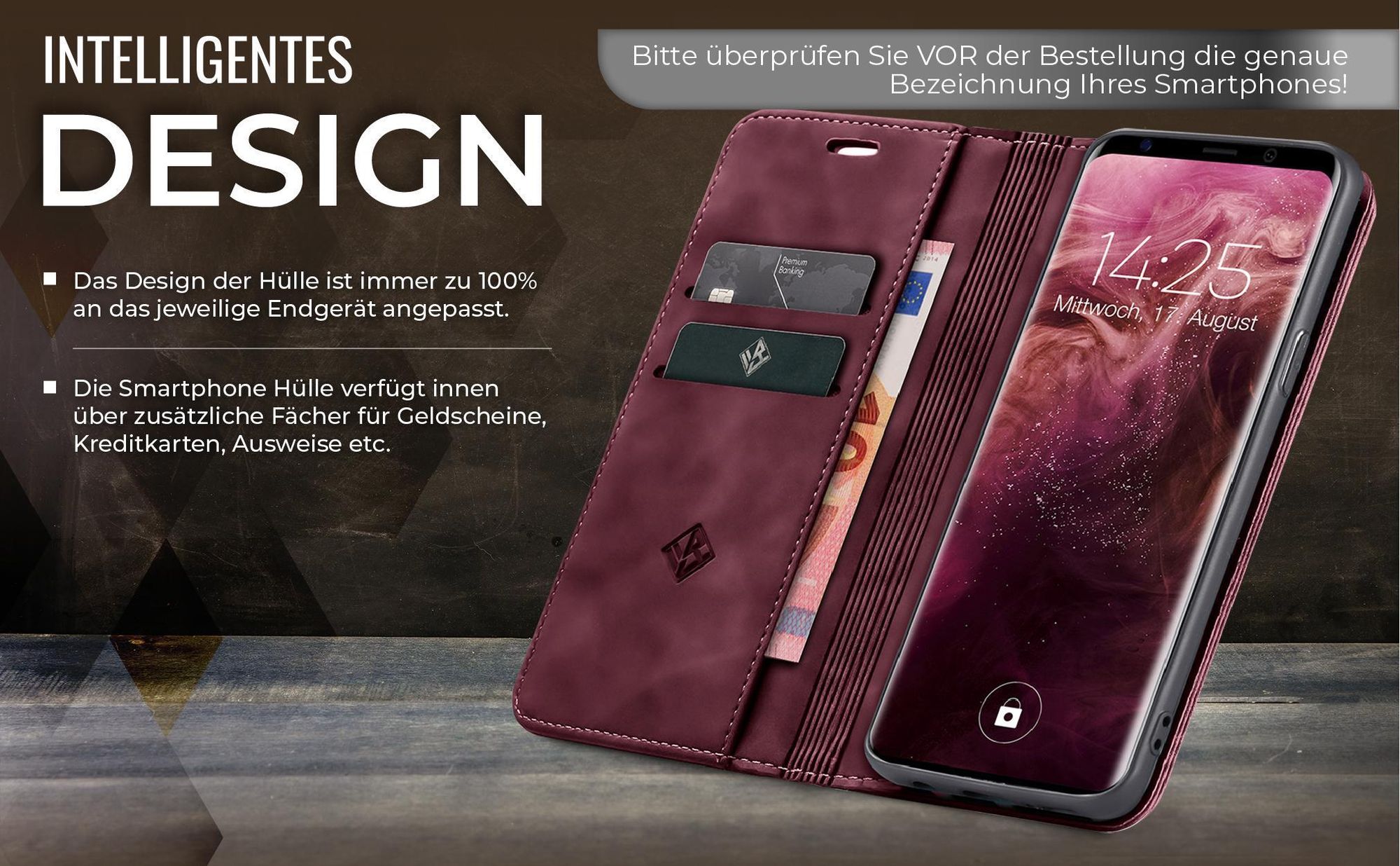 Edle Schutzhülle in Weinrot für Samsung Galaxy S9 mit Kartenfächern und Geldfach
