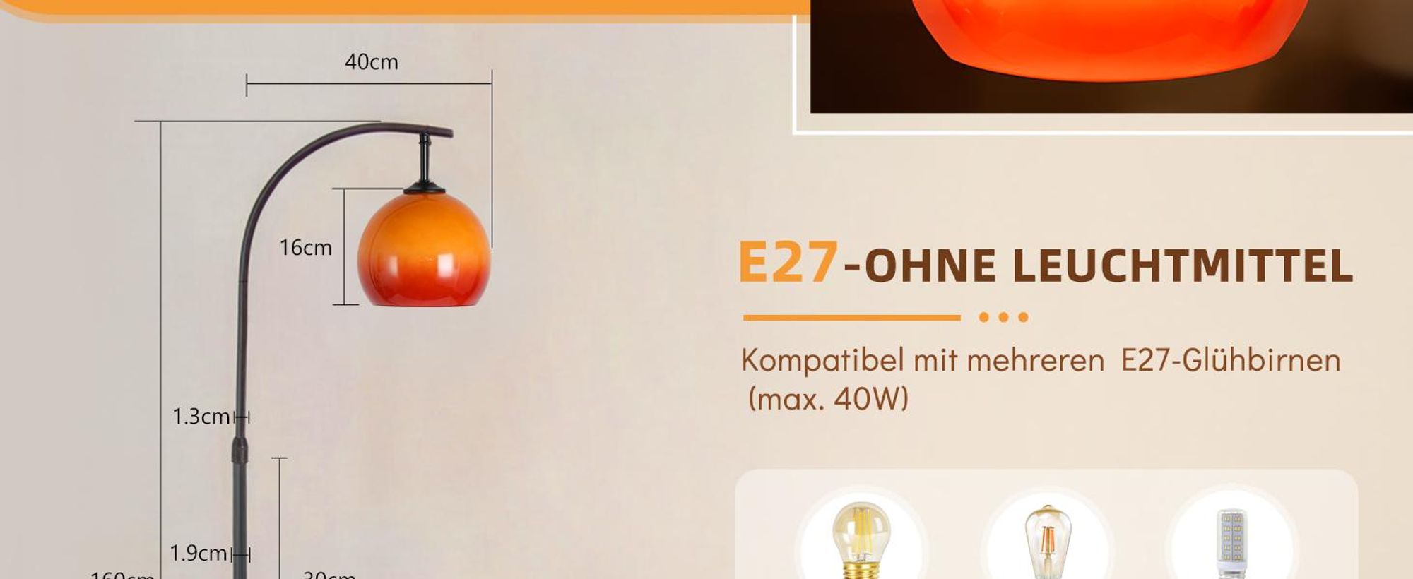 ZMH Boog vloerlamp engelstijl E27 met voetschakelaar 140‑160cm ijzer glas lampenkap draaibare arm voor woonkamer studeerkamer slaapkamer kantoorruimte