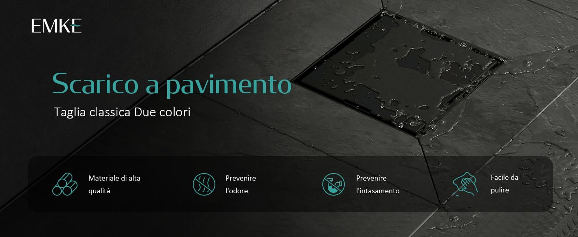 Set di scarico a pavimento EMKE in acciaio inox angolare 152 x 152 mm nero opaco con sifone antiodore e filtro per capelli, set di fori di scarico per doccia