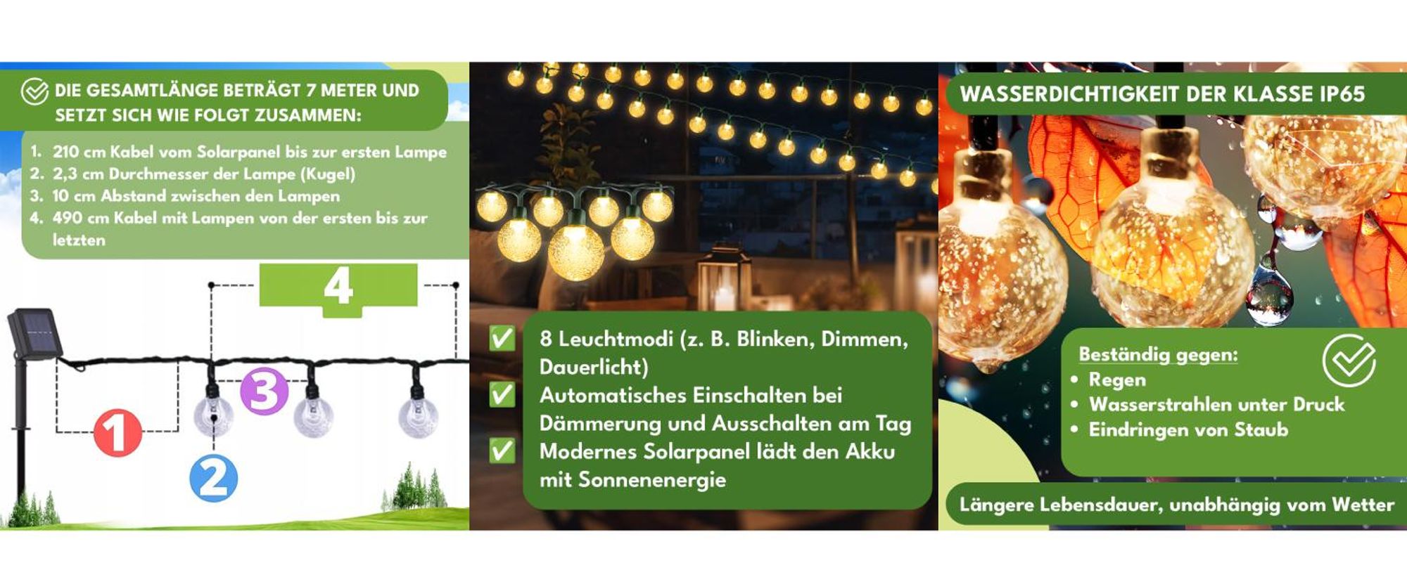KRUMAD Solar LED-Lichterkette 50 LEDs – 7m IP65 Wasserdicht Warmweiß – Garten Balkon Terrasse Deko Solarbetrieben
