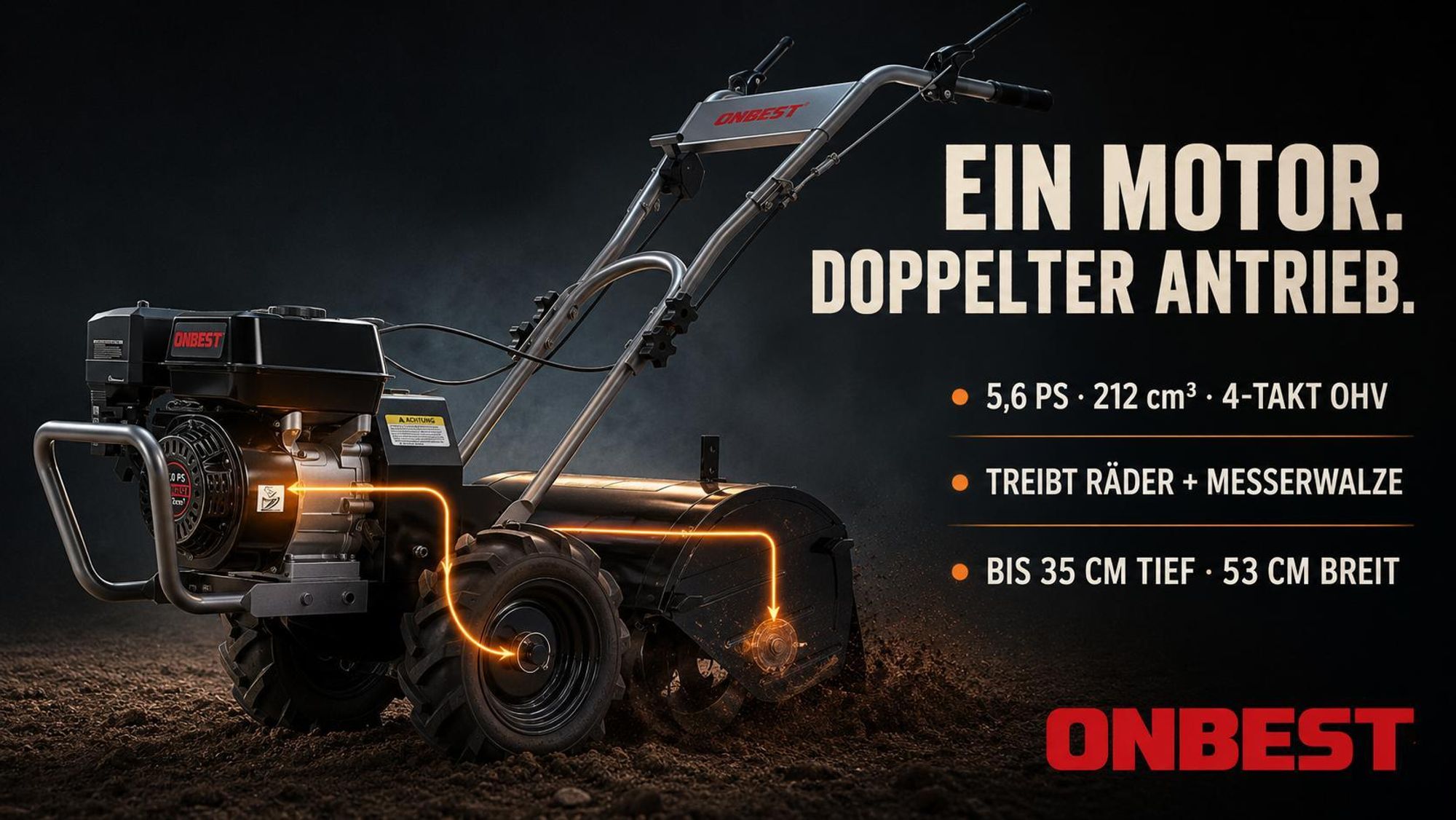 ONBEST Gartenfräse Benzin T4150  | 53 cm Arbeitsbreite | 5,6 PS | 35 cm Arbeitstiefe | 12 Hackmesser