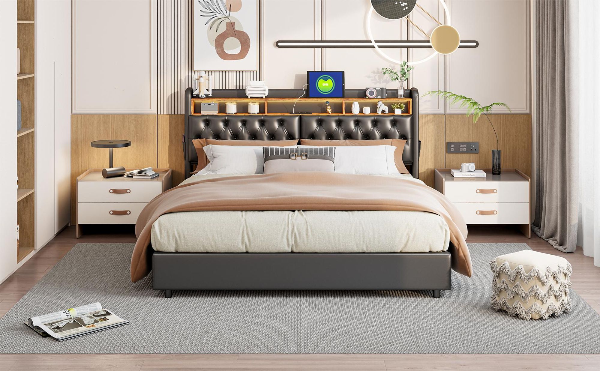 INONEFT Boxspringbett 180×200 mit USB Ladefunktion,Polsterbett Jugendbett mit LED,Hydraulisches Doppelbett,Stauraumbett, PU, Schwarz.