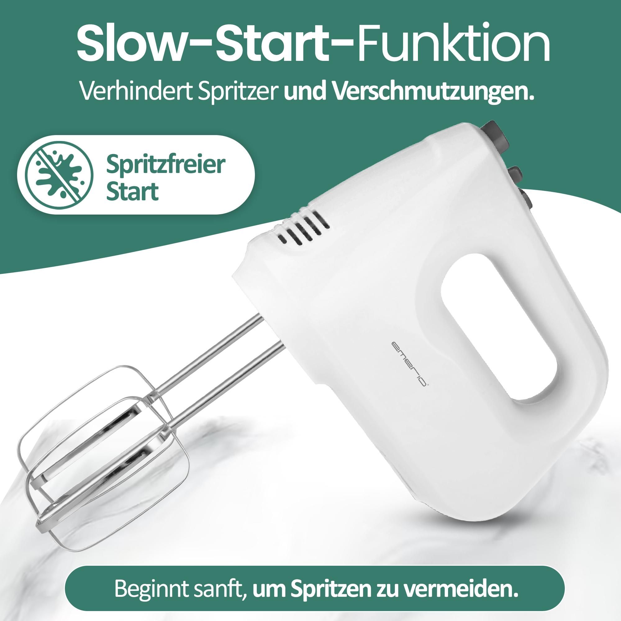 Emerio Handmixer 250 W – Mixer mit Turbofunktion – 6 Geschwindigkeitsstufen – Edelstahl-Rührbesen und Knethaken – HM-124178 – Weiß