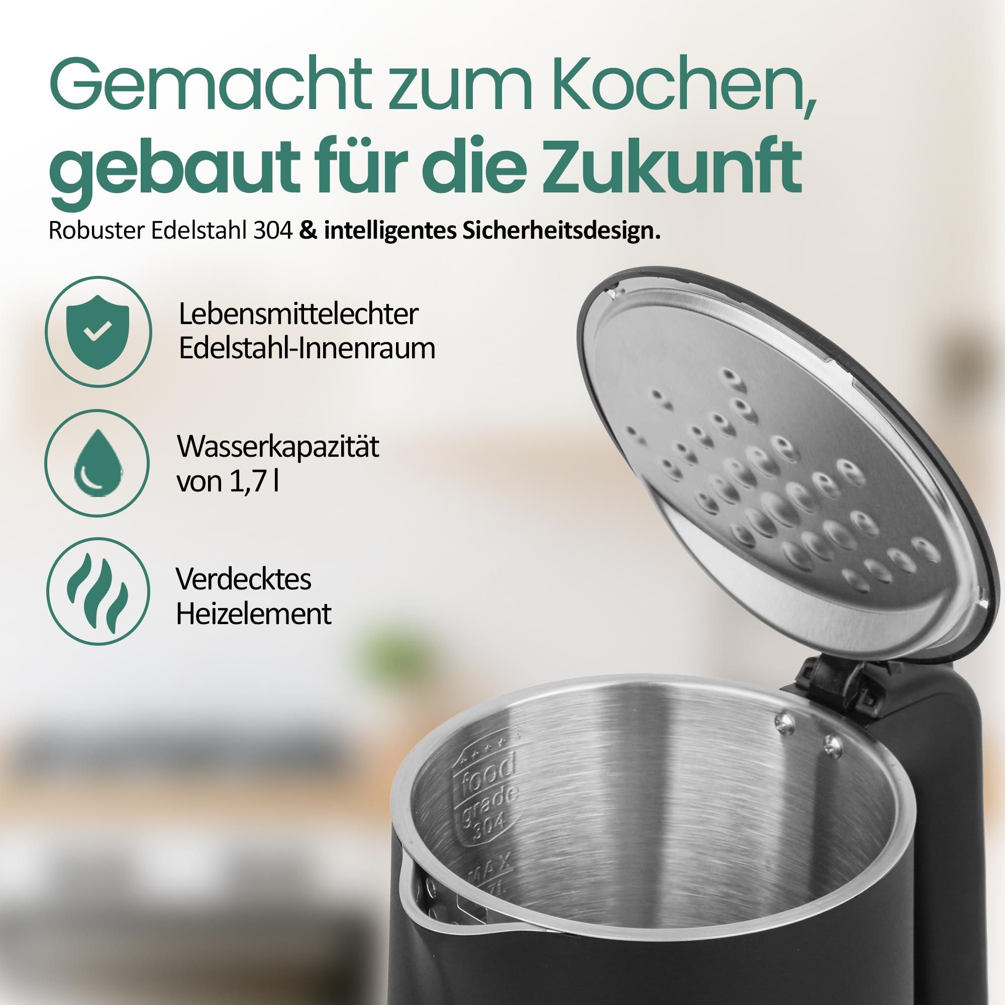 Emerio Wasserkocher mit Temperaturregelung 1,7 Liter – Touch-Bedienung – 360° drehbar – Warmhaltefunktion – 2200 W – WK-132229 – Schwarz