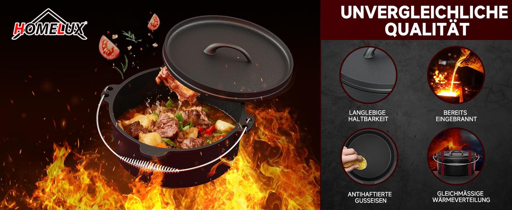 HOMELUX 12-teiliges Dutch Oven Set in Holzkiste, Kochtopf, Pfanne, Saucentopf, Wende-Grillplatte, Waffeleisen, Stapelrost, Ringreiniger, Schaber Set