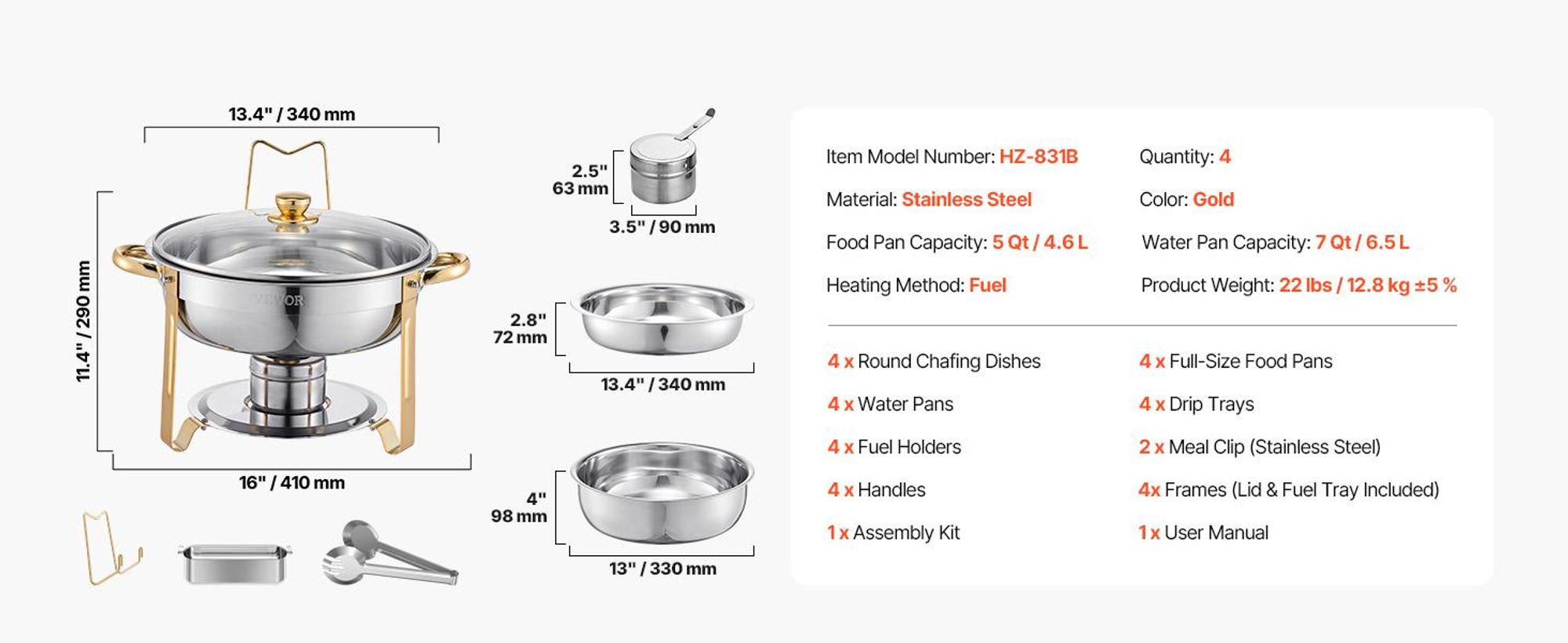 VEVOR Warmhalteteller Buffet Set, 5 Qt 2er Pack, Edelstahl Chafing Dish mit 2 Vollformat-Pfannen, runder Catering-Wärmer mit Glasdeckel, Wasserpfanne, klappbarer Ständer, Brennstoffhalter, für Hochzeitsfeiern, Bankett, Silber, Goldene-4pcs