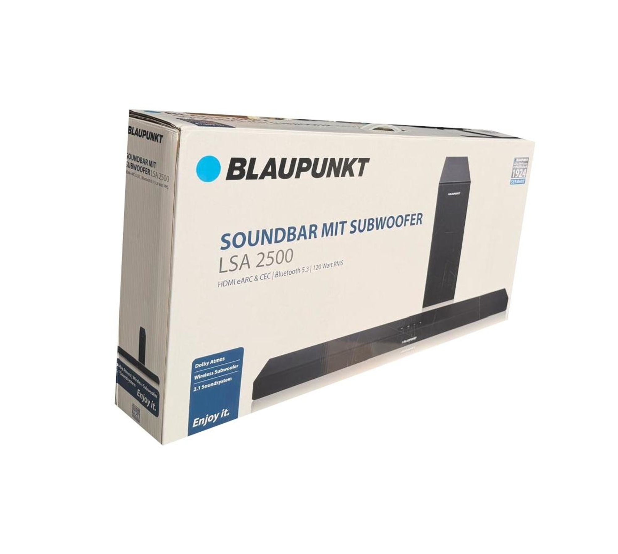Blaupunkt LSA 2500 Soundbar mit schnurlosem Subwoofer, 2.1 Soundsystem mit Dolby Atmos,120 Watt RMS, Bluetooth 5.3 für Musikstreaming, Equalizer, HDMI (ARC & CEC), optischer Audio-Eingang, AUX-IN