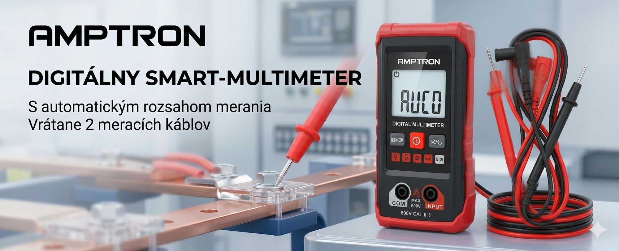 Digitálny merací prístroj napätia s 2 meracími vodičmi, digitálny multimeter, tester napätia – AMPTRON