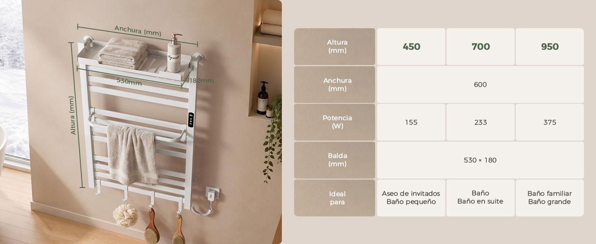 S'AFIELINA Toallero eléctrico baño con balda 700 × 600 mm 233 W Blanco,Radiador toallero eléctrico WiFi con app, calefacción de fibra de carbono