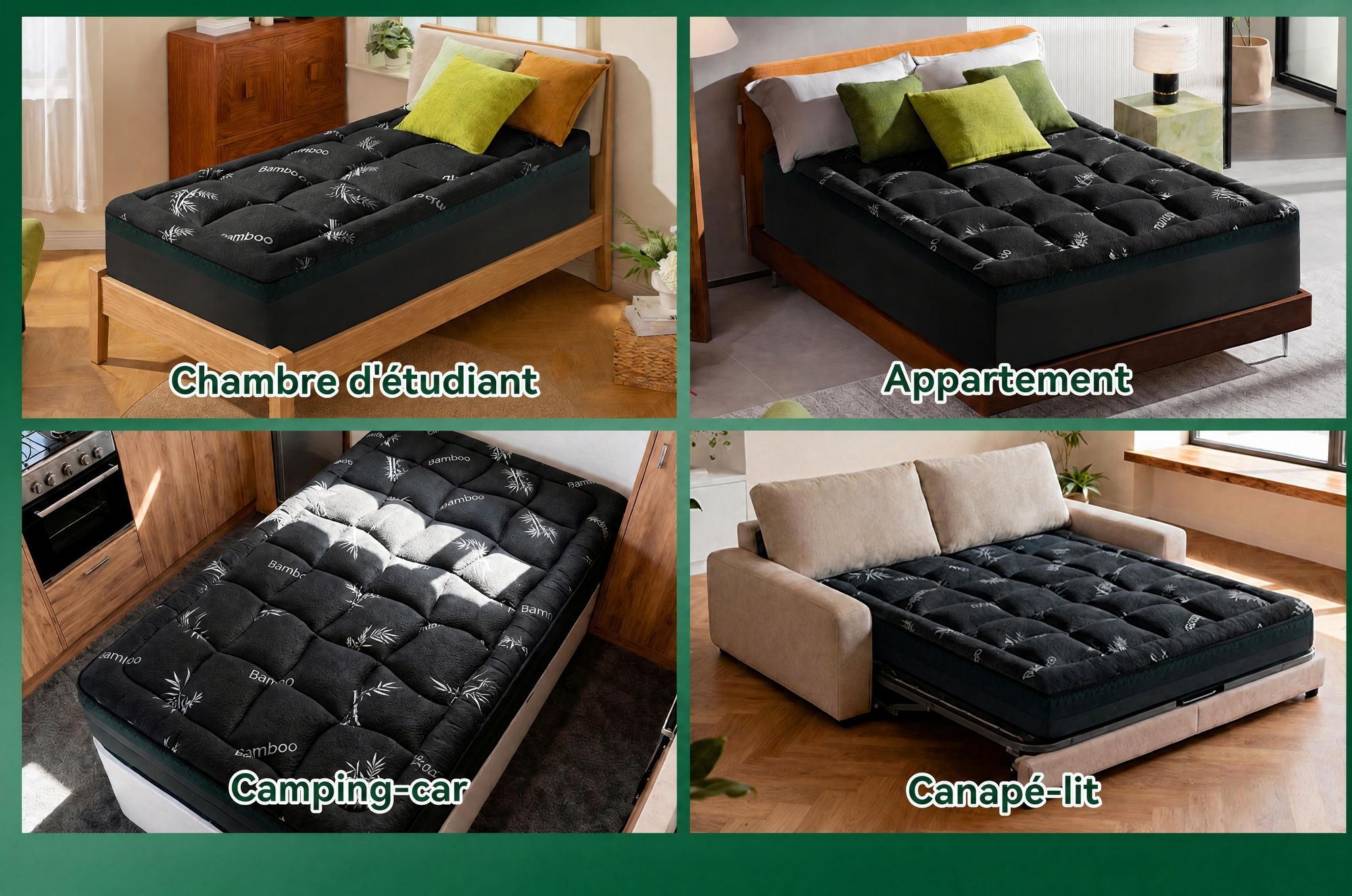 NicePlus, surmatelas 2 en 1, 120x200x7 cm, mousse à mémoire de forme à 5 zones + garniture supérieure en bambou, avec élastiques d'angle pour tous les matelas, fermeté H2/H3, couleur noire