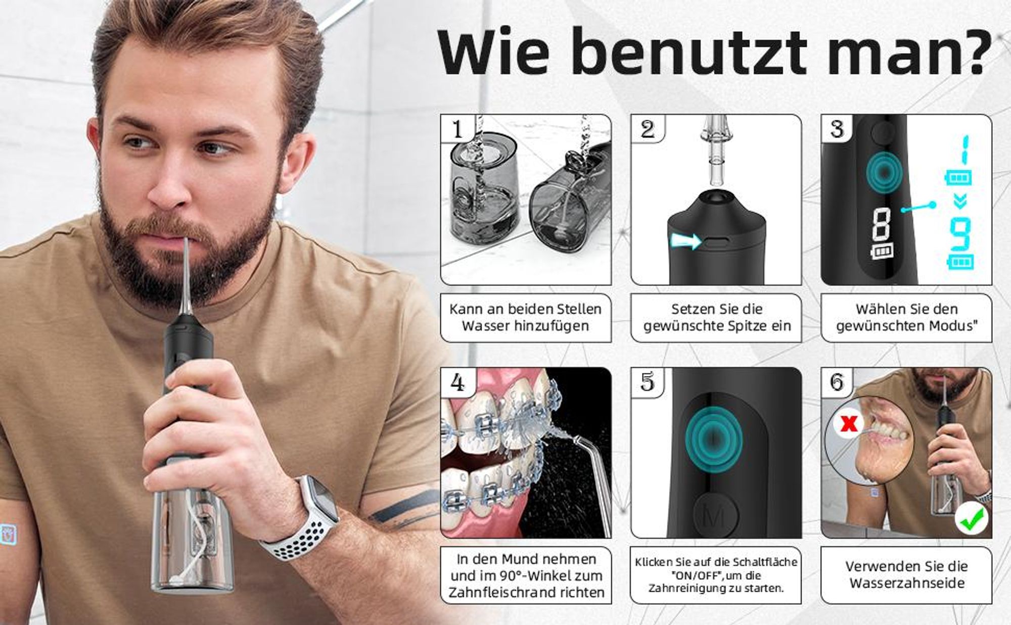 Munddusche, Reisemunddusche, Elektrische Kabellose Munddusche, Elektrischer Zahnreiniger, 9 Modi & 4 Düsen, IPX7 Wasserdicht, für Haus & Reisen