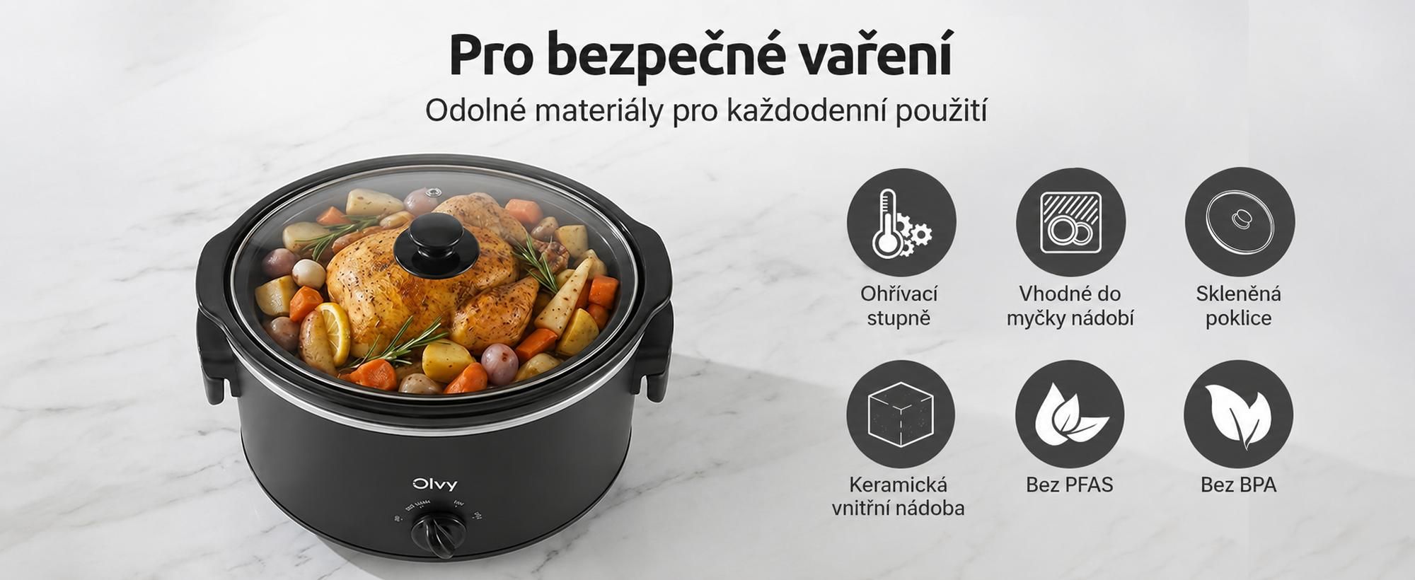 Pomalý vařič Olvy 6 l – keramická vnitřní nádoba – včetně kuchařky – funkce udržování teploty