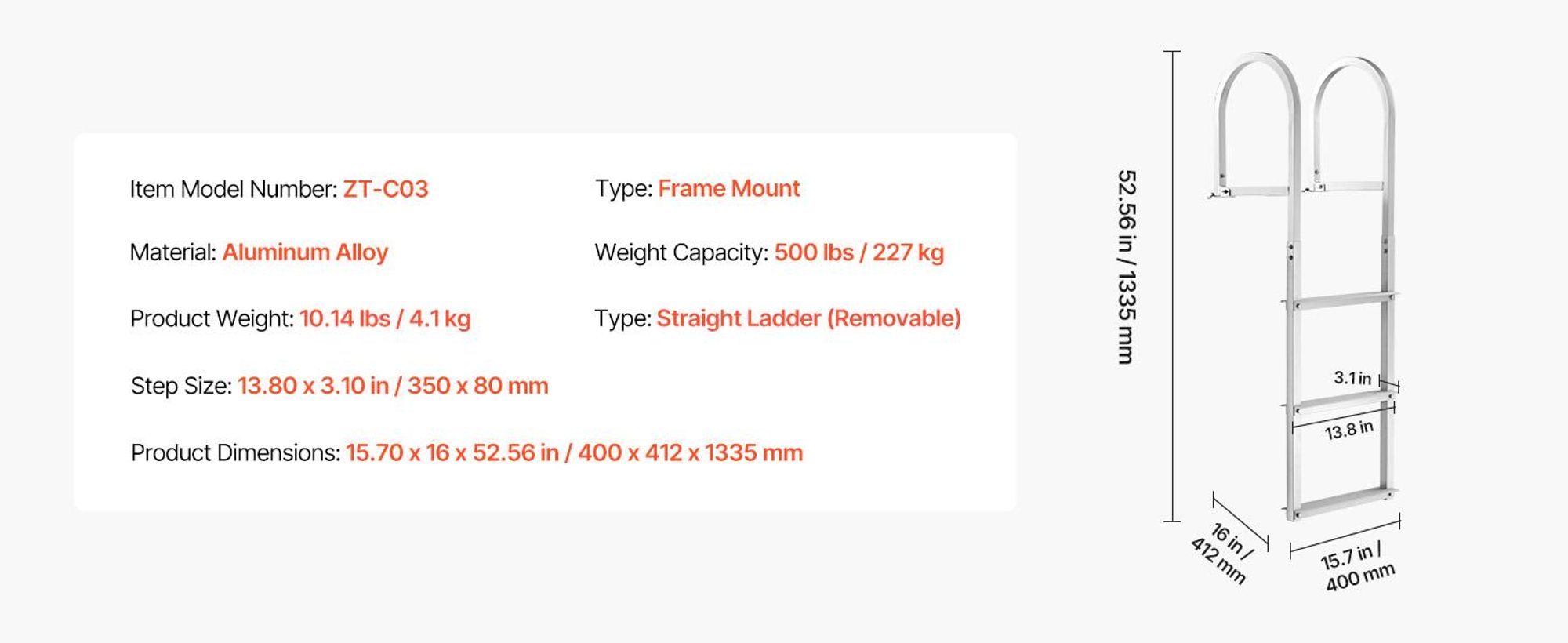 VEVOR Dockleiter 3 abnehmbare Stufen 227 kg Tragkraft, Ponton-Bootsleiter aus Al
