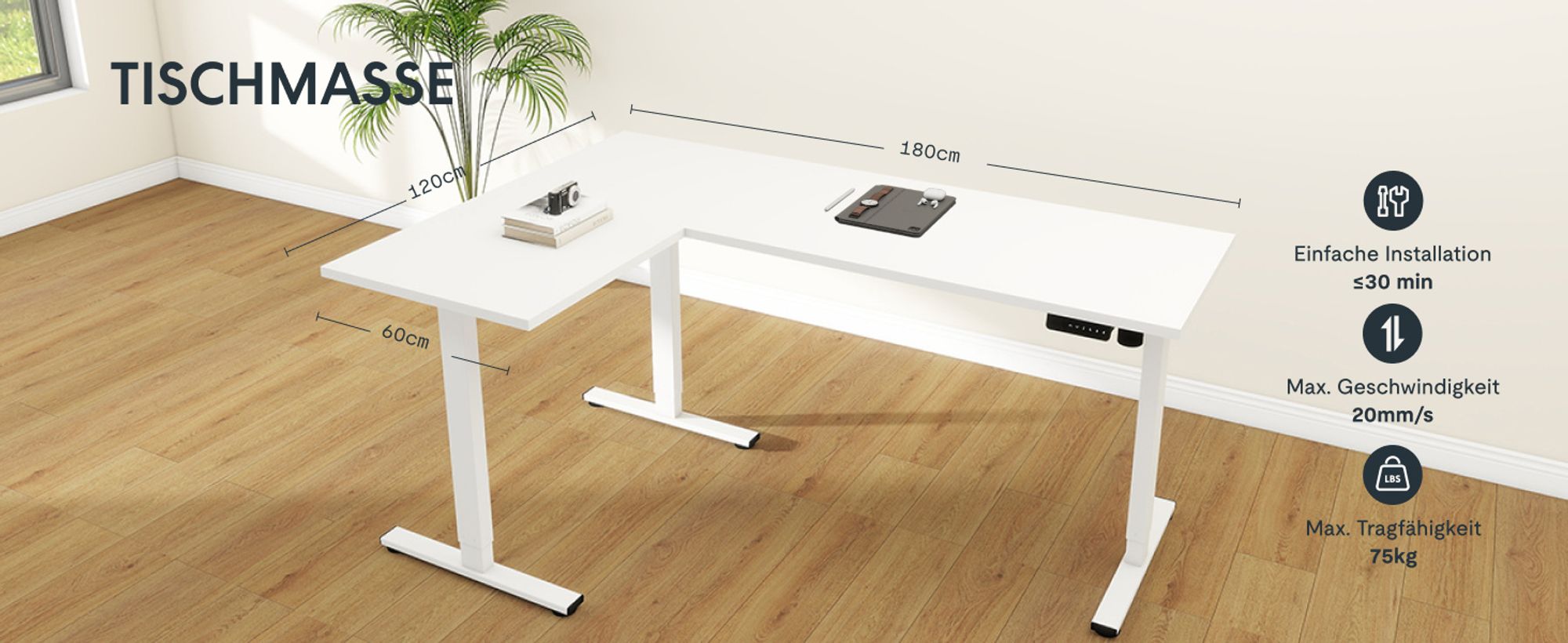 FLEXISPOT Höhenverstellbarer Schreibtisch 180x120cm L-förmiger Eckschreibtisch mit 3 Beinen, 4 Speicherplätzen, Antikollisionsschutz, LED (Weiß)