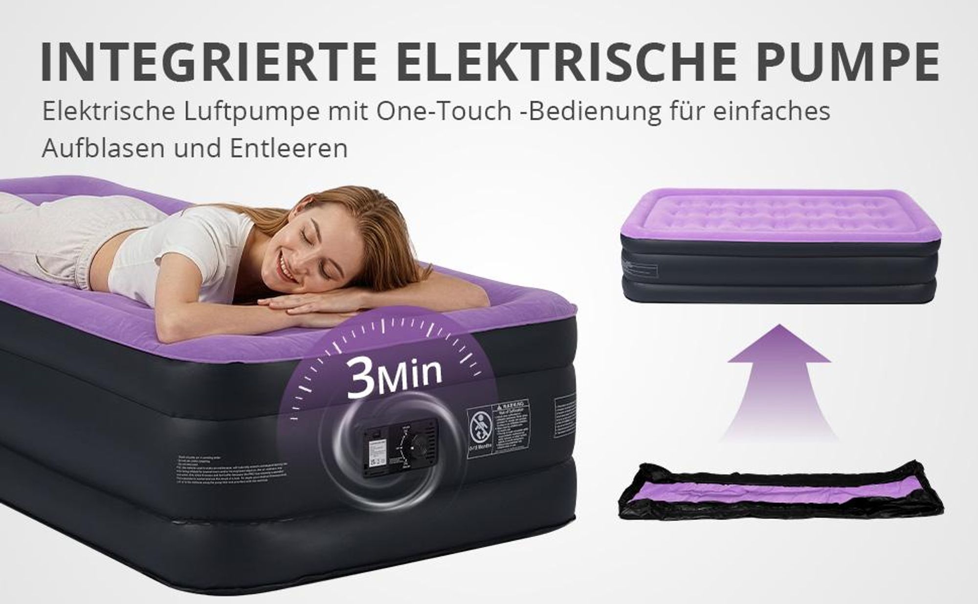 FCH Luftmatratze mit eingebauter Pumpe,190 x 99 x 45CM Blow-up-Matratze mit weicher stromfleischiger Oberseite, Aufblasbarer Mattress，Lila