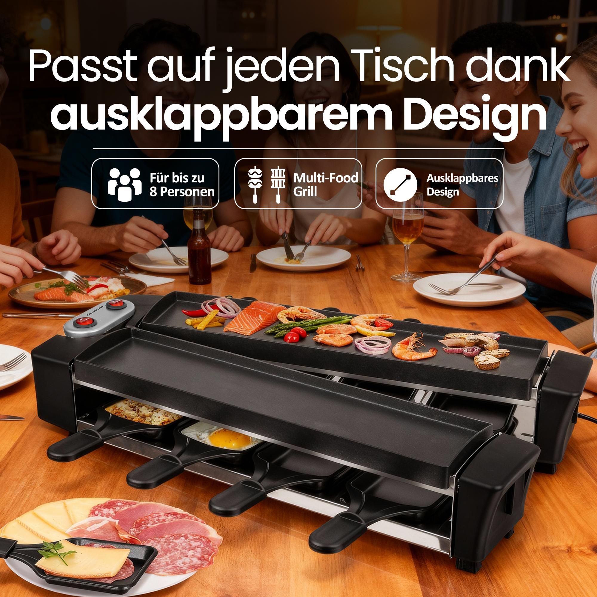Emerio Raclette-Grill RG-132098.2 – Gourmet – PFAS-frei – 8 Pfännchen und Spatel – ILAG-Beschichtung