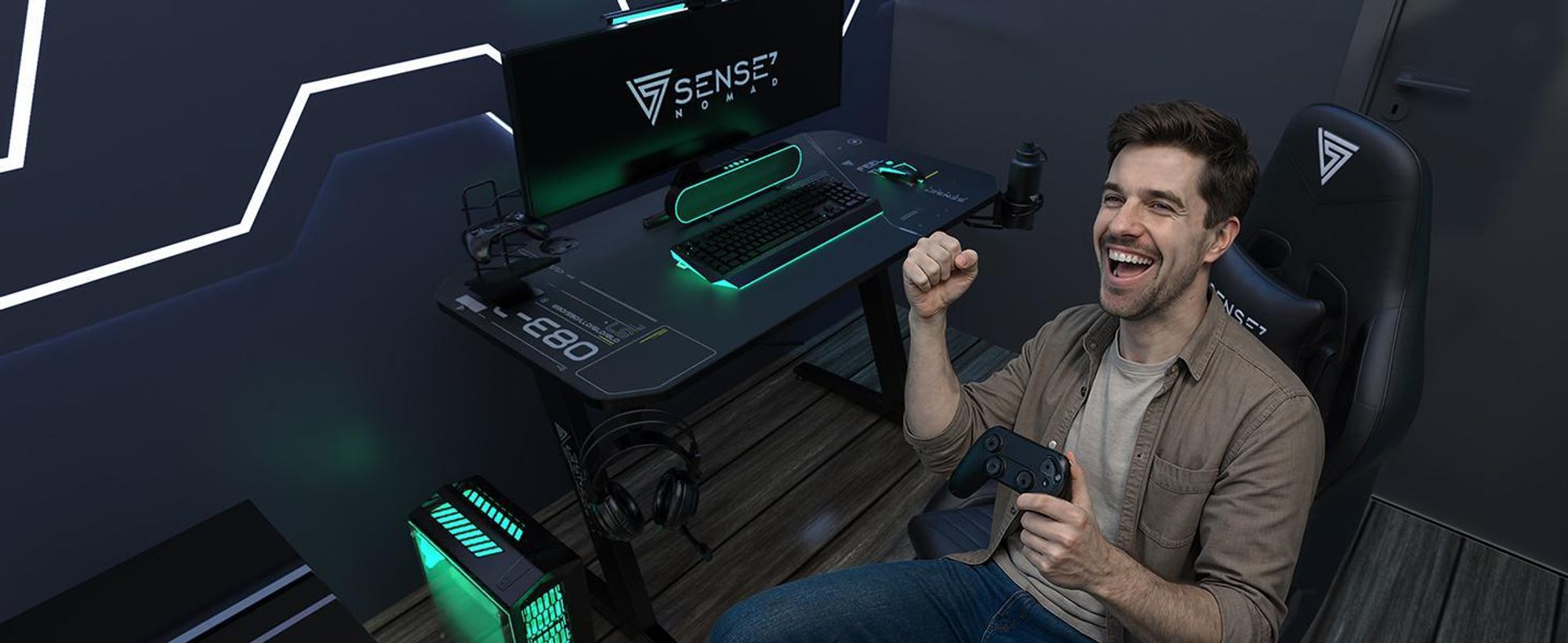 SENSE7 Nomad Kybernetický herní stůl 120 x 60 cm včetně podložky pod myš XXL Počítačový stůl PC stůl Herní stůl Malý psací stůl Do dětského pokoje