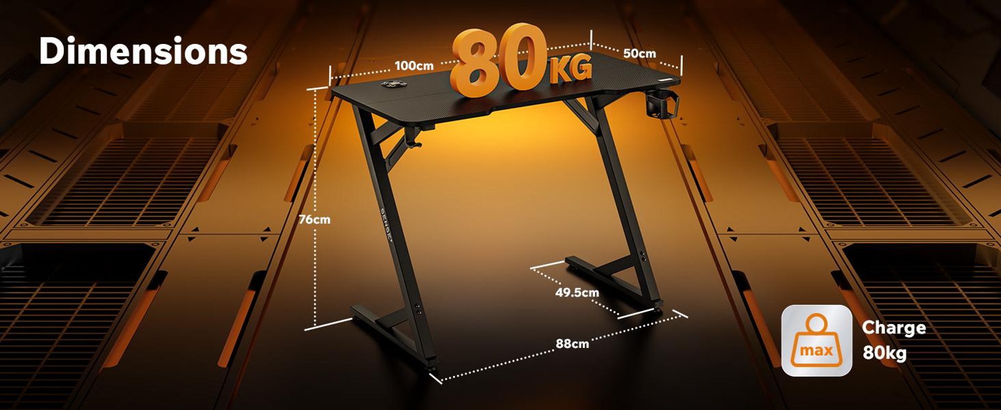 Bureau de jeu Sense7 VAMO, 100x50 cm, noir. Bureau d'ordinateur compact, style carbone, en forme de Z, avec porte-boissons. Idéal pour le gaming, le télétravail et le bureau à domicile