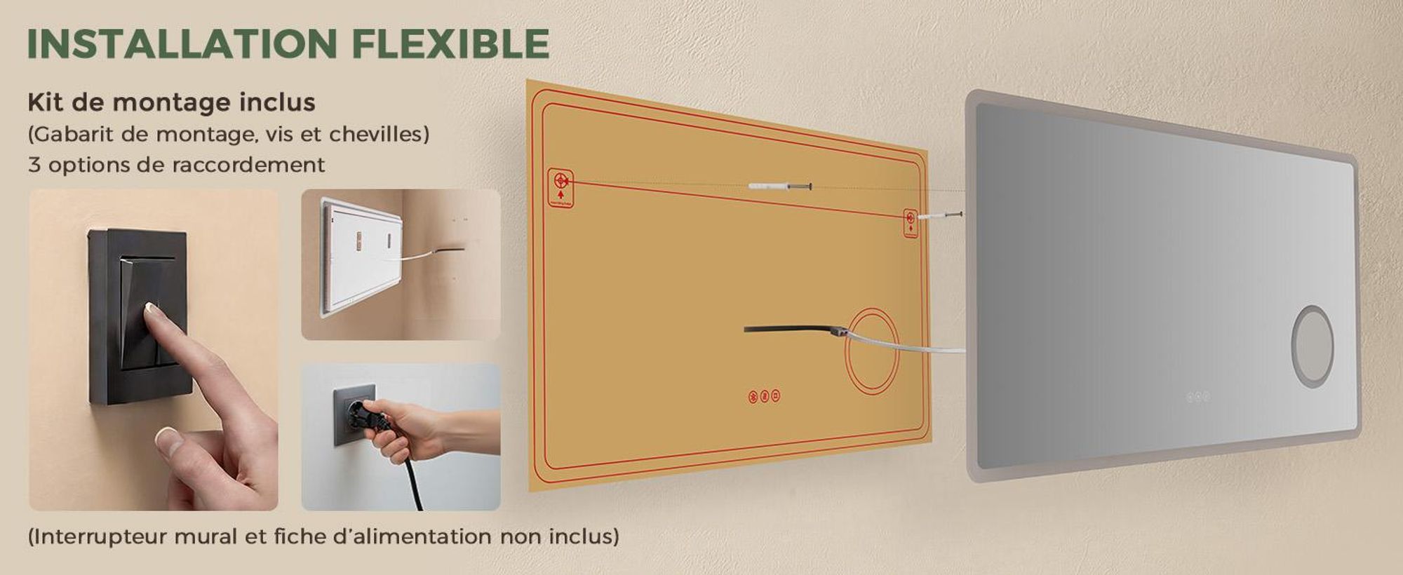 S'AFIELINA Miroir salle de bain LED avec Bluetooth 5.3, 120 × 60 cm, Miroir grossissant 3×, antibuée, 3 couleurs, intensité réglable, tactile & mémoir