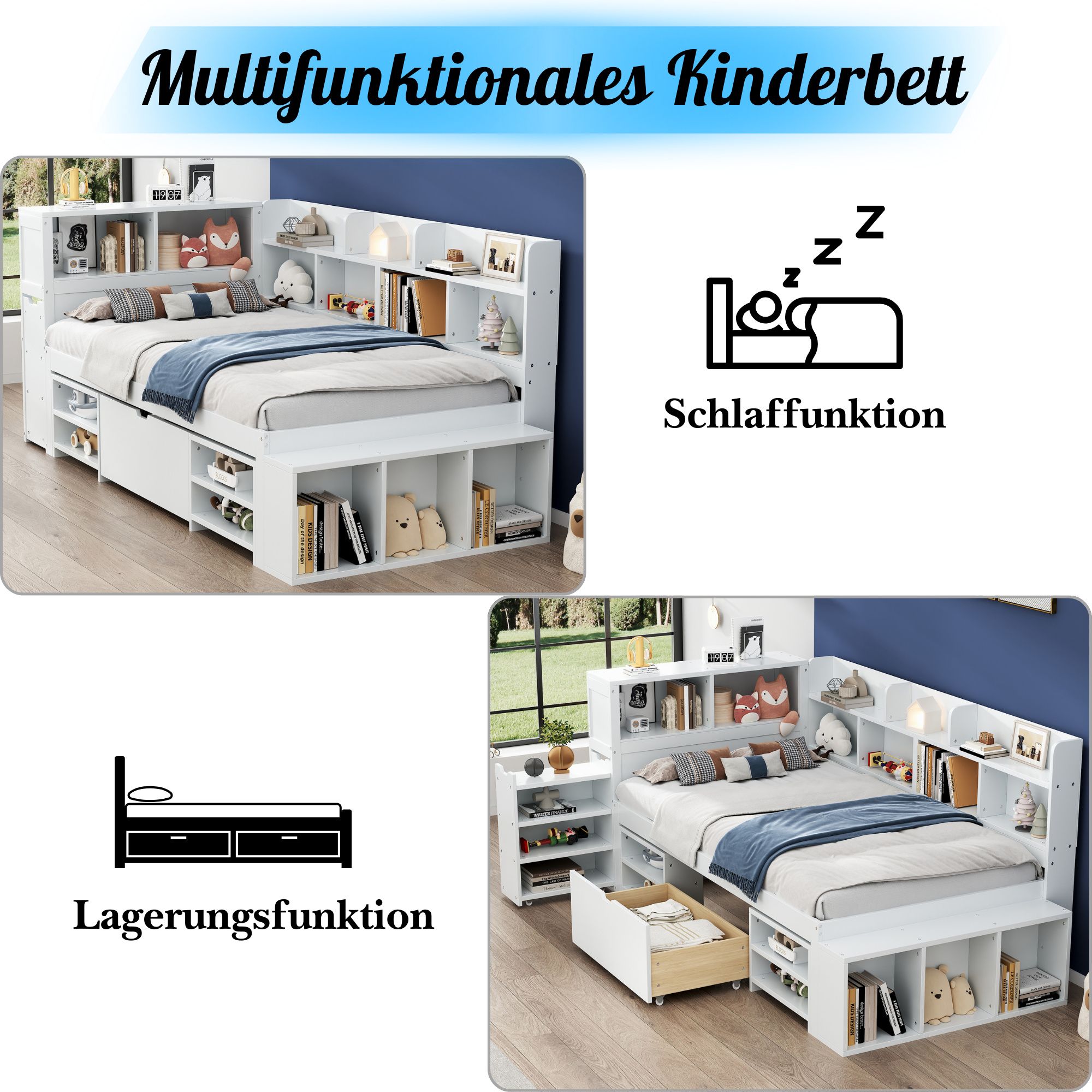 Flieks Holzbett Klassisches Bett Stauraumbett 90x200cm mit Ausziehbarem Schrank, Einzelbett Jugendbett mit Staufach, Kinderbett mit Lattenrost, Weiß