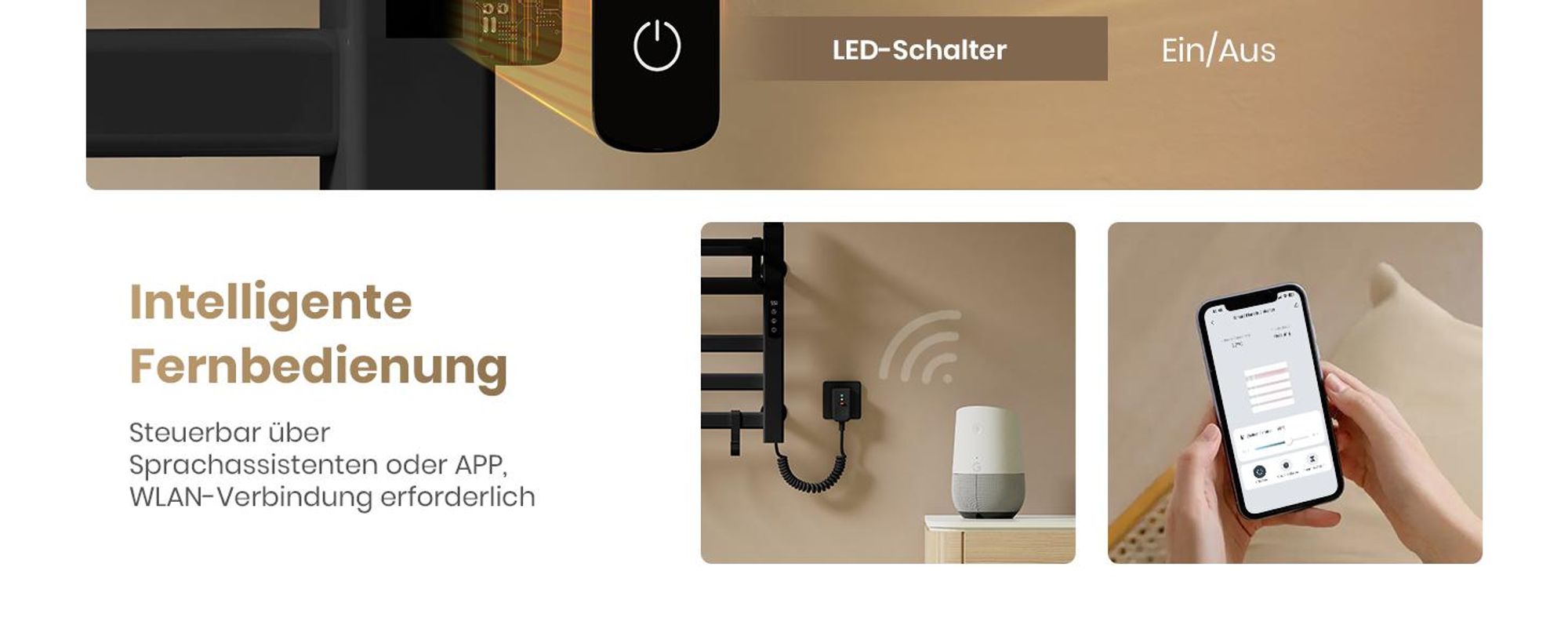 EMKE Handtuchwärmer Elektrisch WIFI Handtuchtrockner Doppelreihe Flachrohr mit Ablage & Haken 500x500mm 140W Tuya Alexa Schwarz Matt