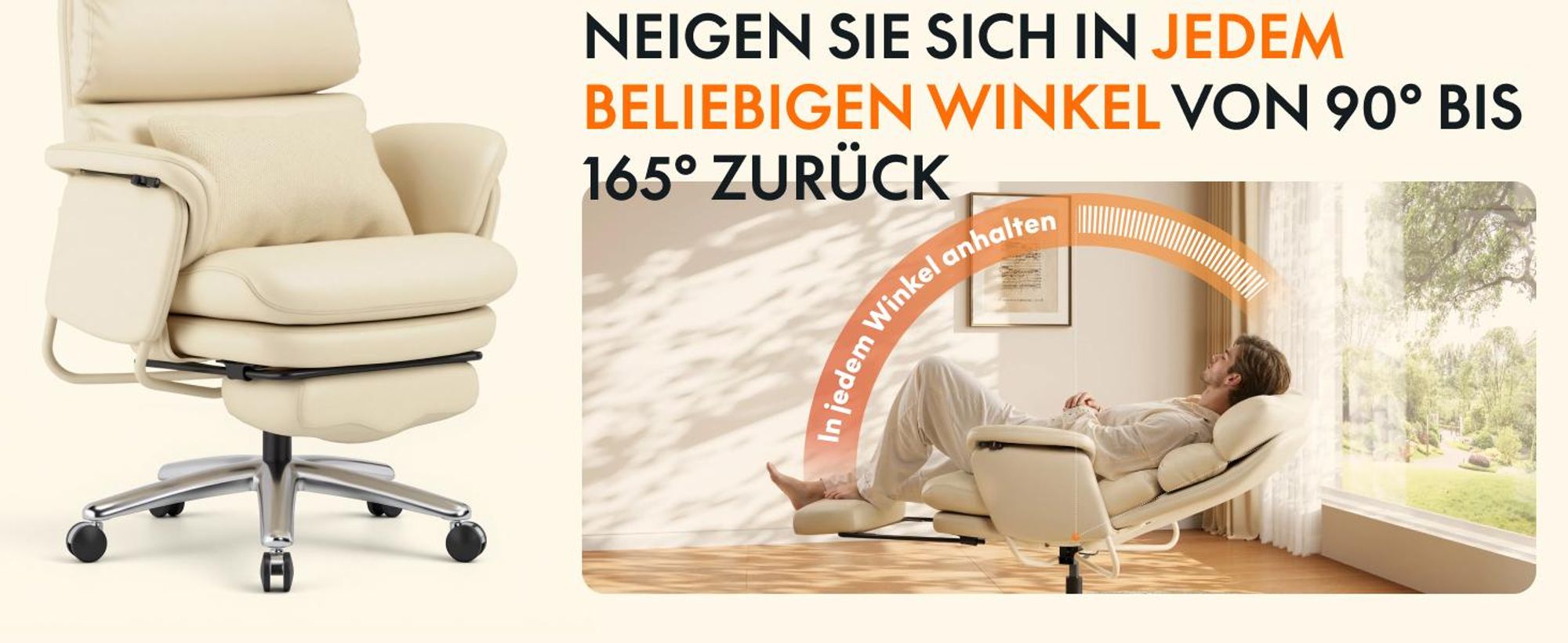 FLEXISPOT HC4 Pro 3-in-1 Chefsessel Bürostuhl mit 165° Liegefunktion, 3D-Kopfstütze, kratzfestem & wasserabweisendem Kunstleder und Fußstütze (Beige)
