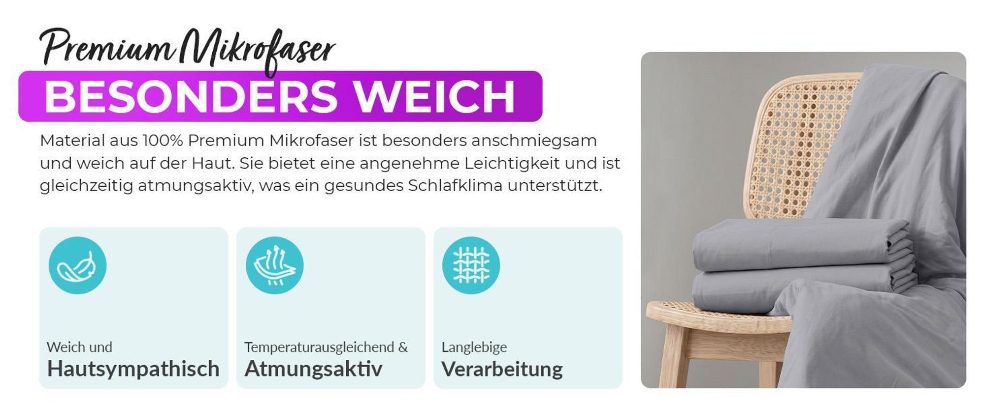 EllaTex Premium Mikrofaser Bettwäsche 155x200 + 80x80 cm – atmungsaktive Bettwäschegarnitur, Farbe: Jeans