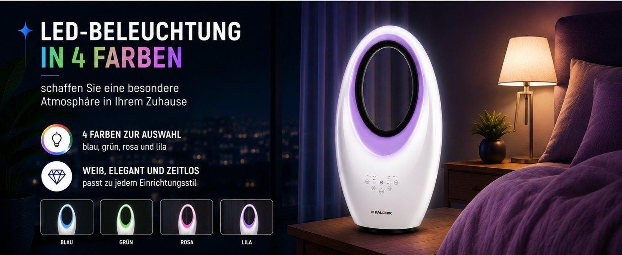 KALORIK TKG VT 2000, Haushaltslüfter ohne Lamellen, Weiß, Tisch, 59 dB, 90°, 4 h