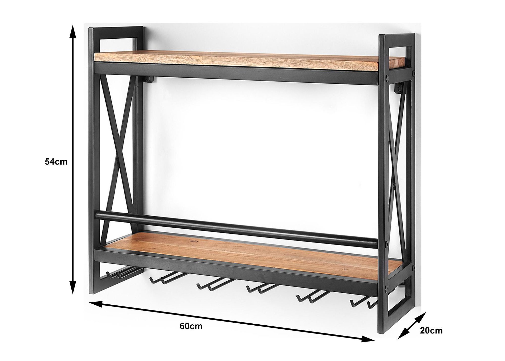 Kobolo Weinregal Wandregal - ACOLON - aus Metall und Mangoholz 60x20x54 - Flaschenhalter - Hängeregal Barregal Flaschenregal Flaschen Weinhalter