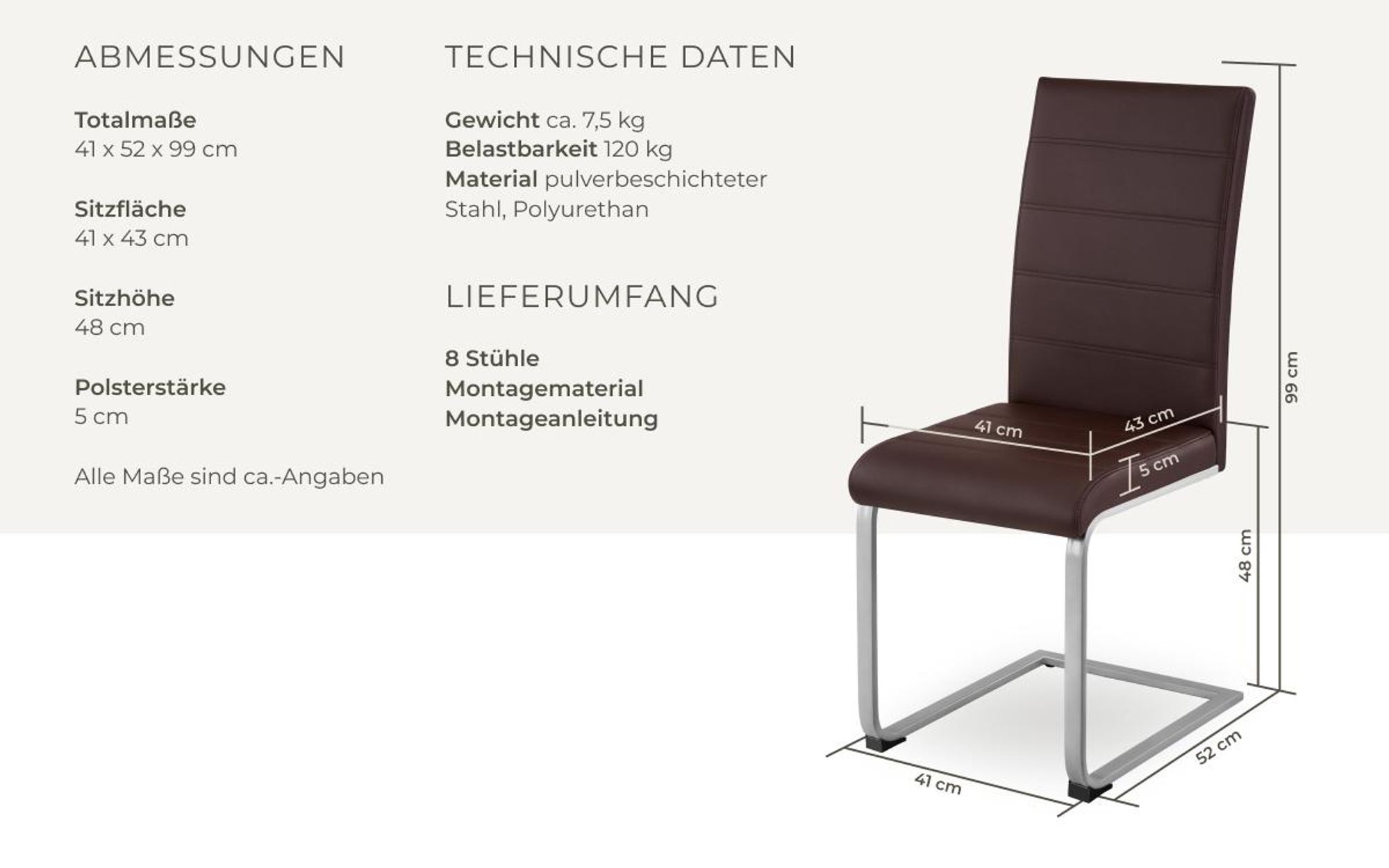 tectake® Set Schwingstuhl Bettina gepolstert mit Kunstlederbezug 41 x 52 x 99 cm