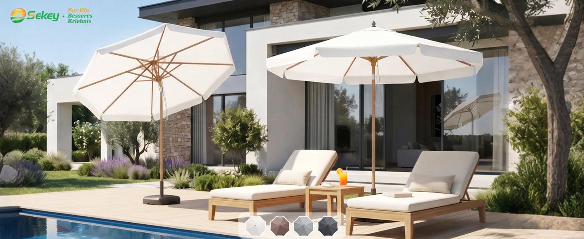 Sekey Balkonschirm 200 cm Ø Holzoptik, Knickbar, Stabiler Gartenschirm, UV-Schutz 50+, Sonnenschirm für Terrasse und Hof, Creme