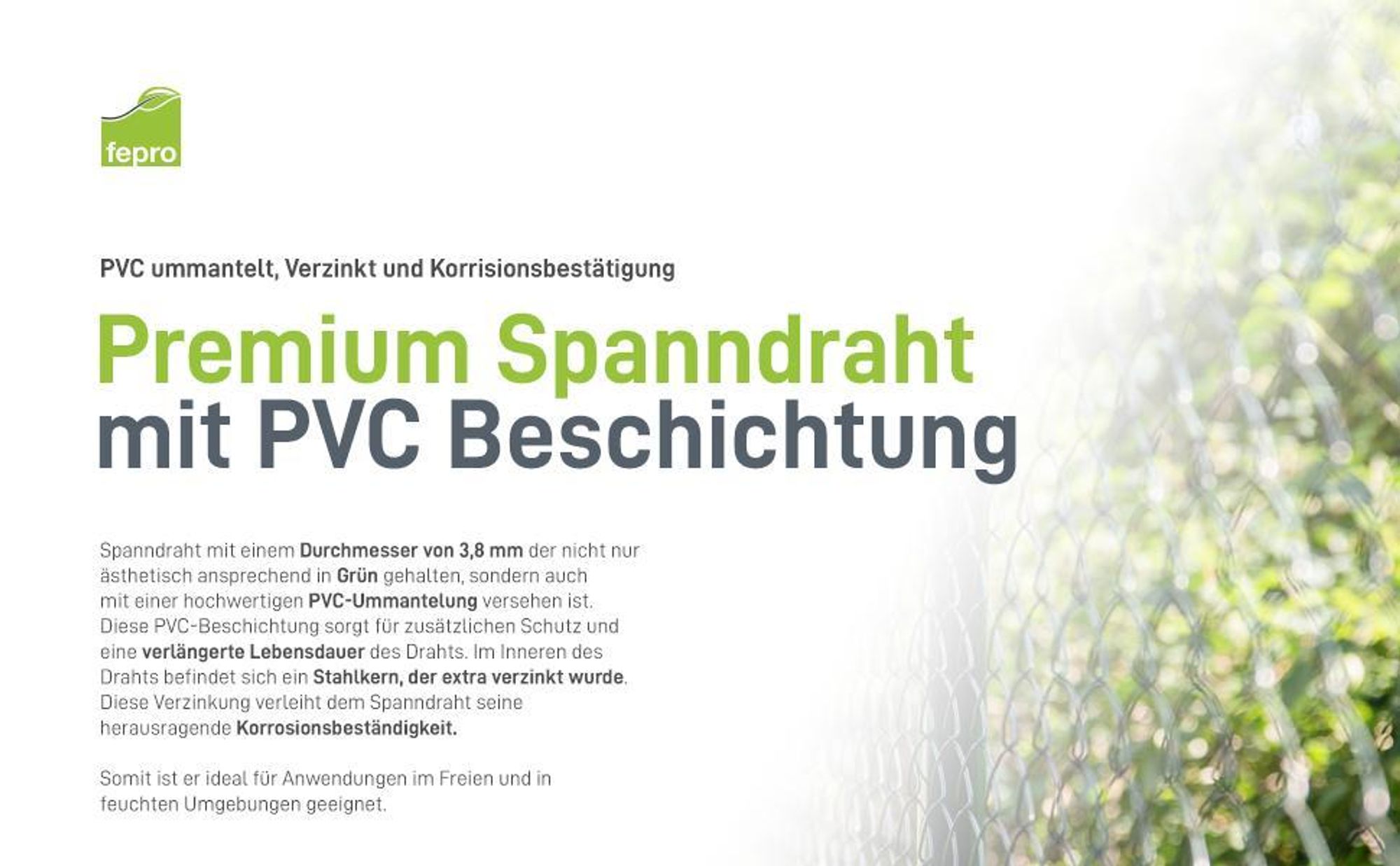Fepro® Spanndraht 3,8 mm x 88 m, grün, verzinkt und kunststoffbeschichtet - witterungsbeständig, ideal für Maschendraht, Wildzaun, Garten oder basteln