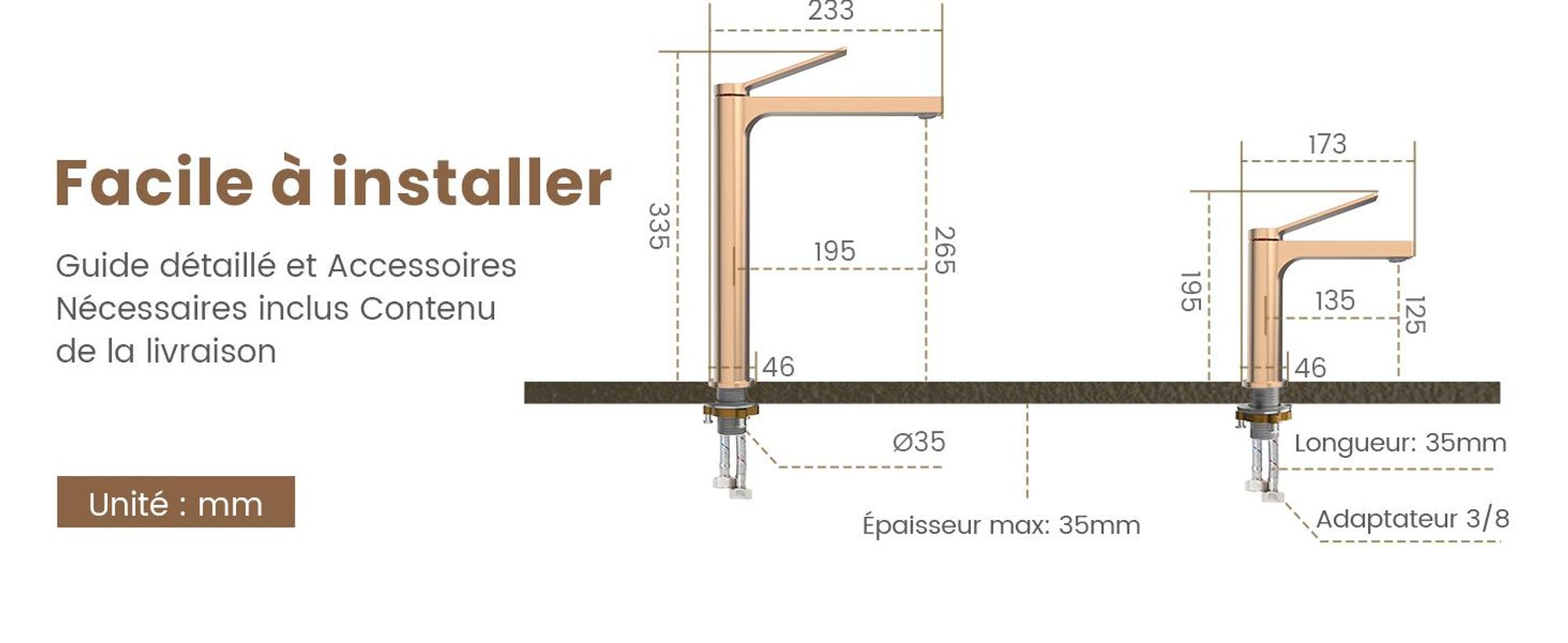 EMKE Robinet de salle de bain or rose 195x173x46mm, laiton, cartouche céramique, robinet de salle de bain, mitigeur de lavabo, mitigeur de lavabo